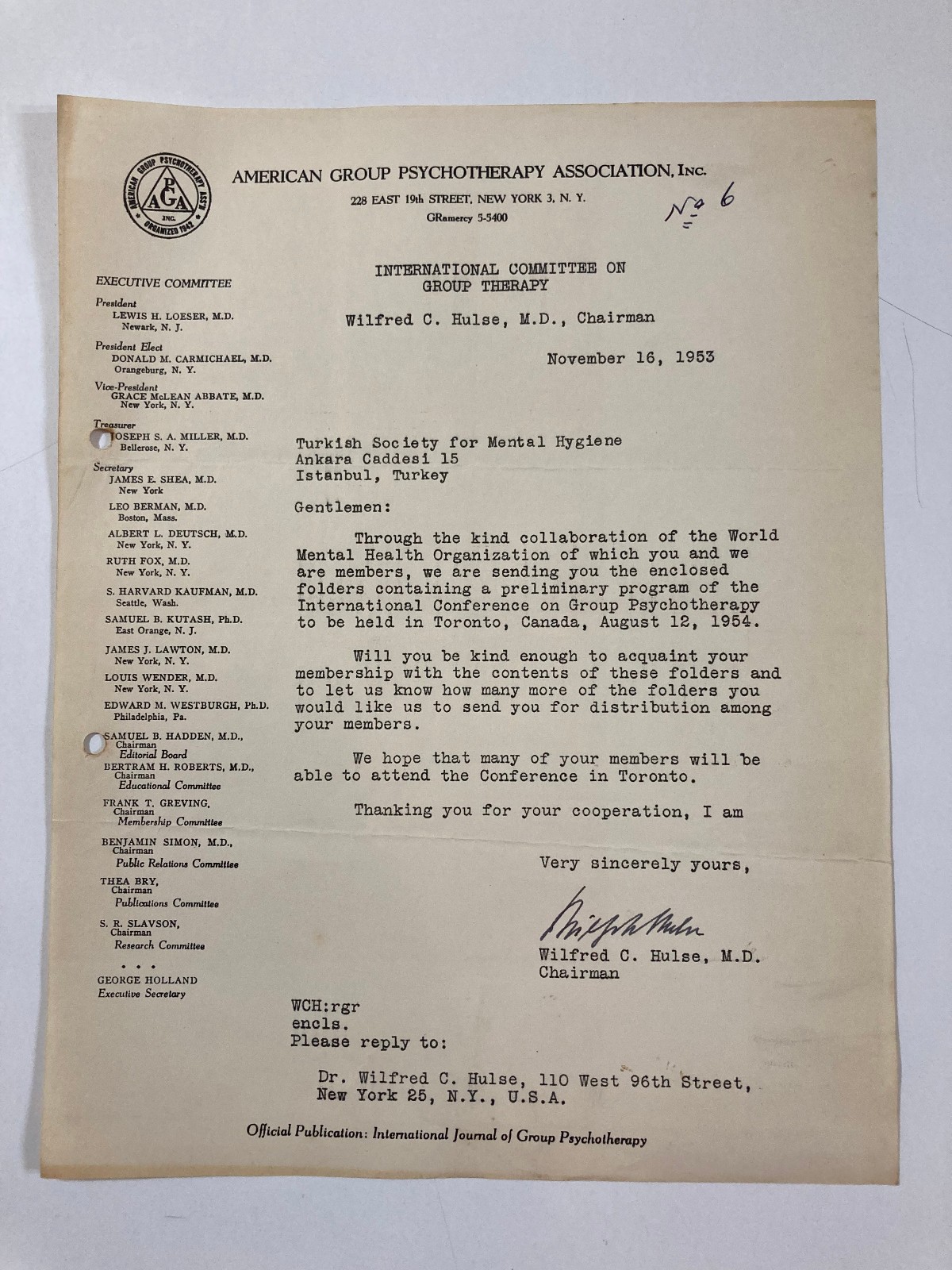1953 Signed Letter Dr Wilfred C Hulse AGPA Group Psychotherapy Toronto Conferenc