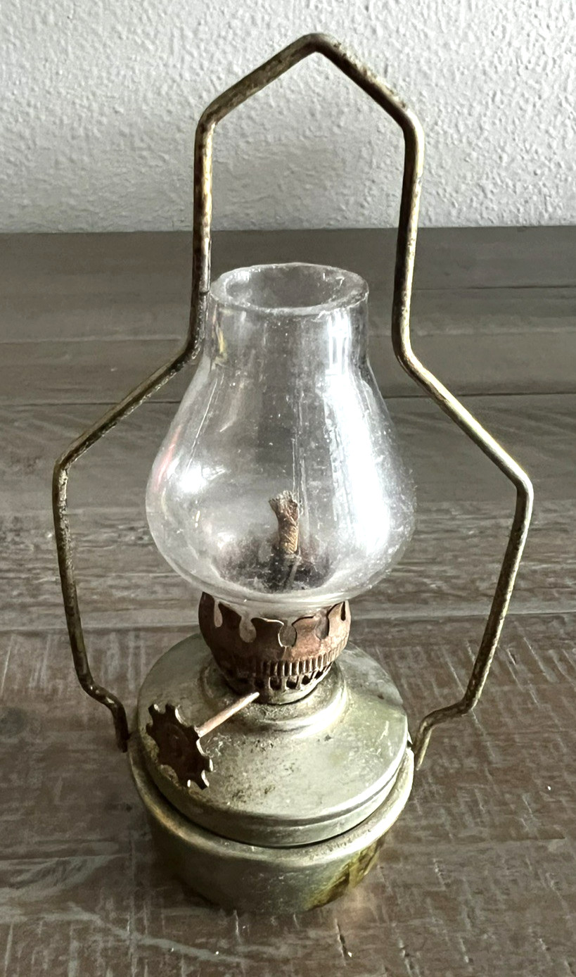 Vintage Miniature Hanging Oil Lamp Brass Metal Adjustable Wick Glass Chimney