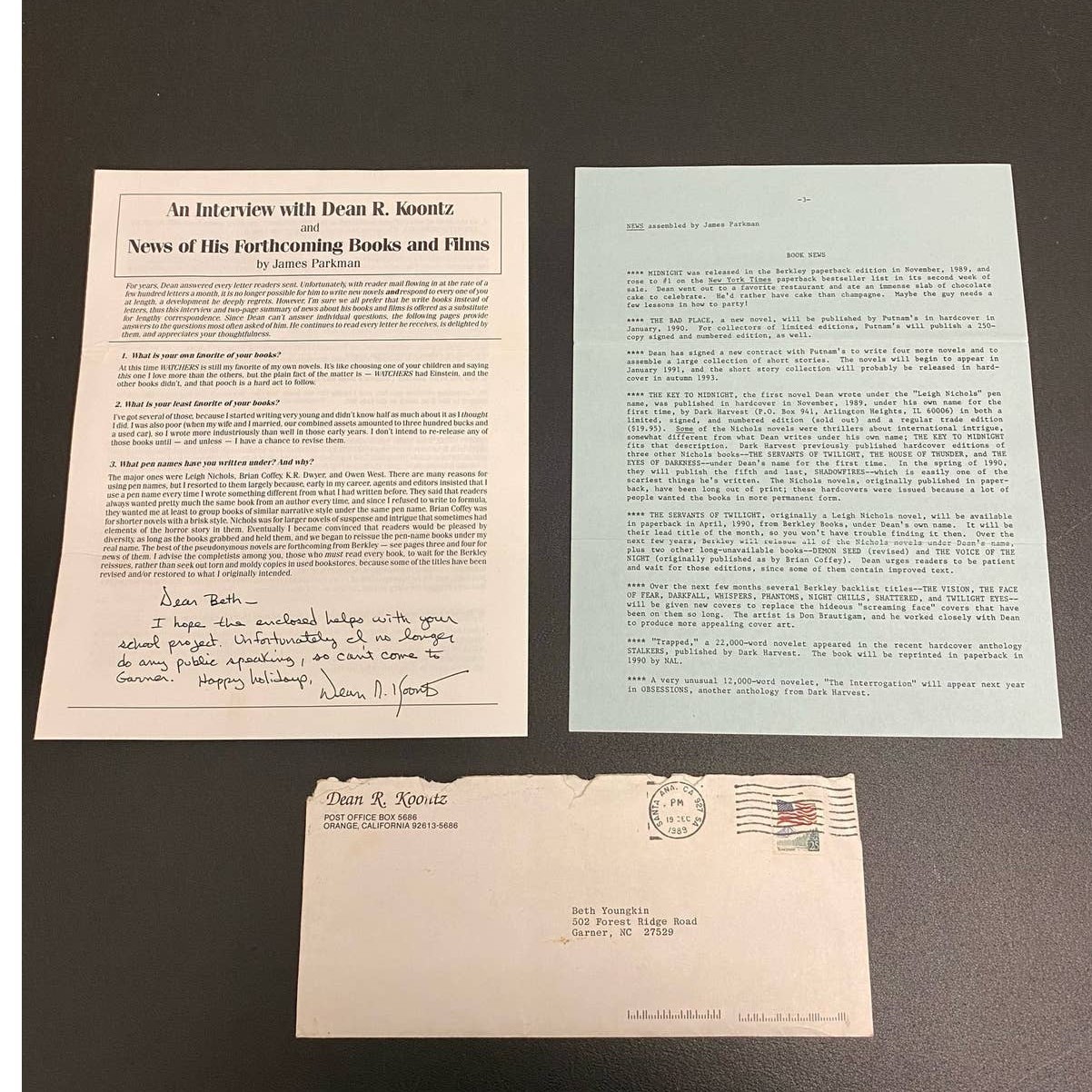 1989 Dean R. Koontz Signed / Autographed Letter / News Article