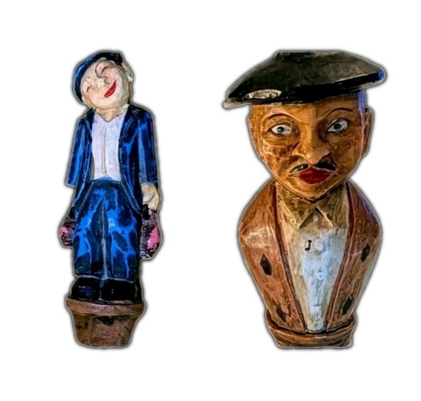 2 Vtg 1940s-50s Anri Style Wine Cork German Carved Wood Composite Bottle Stopper