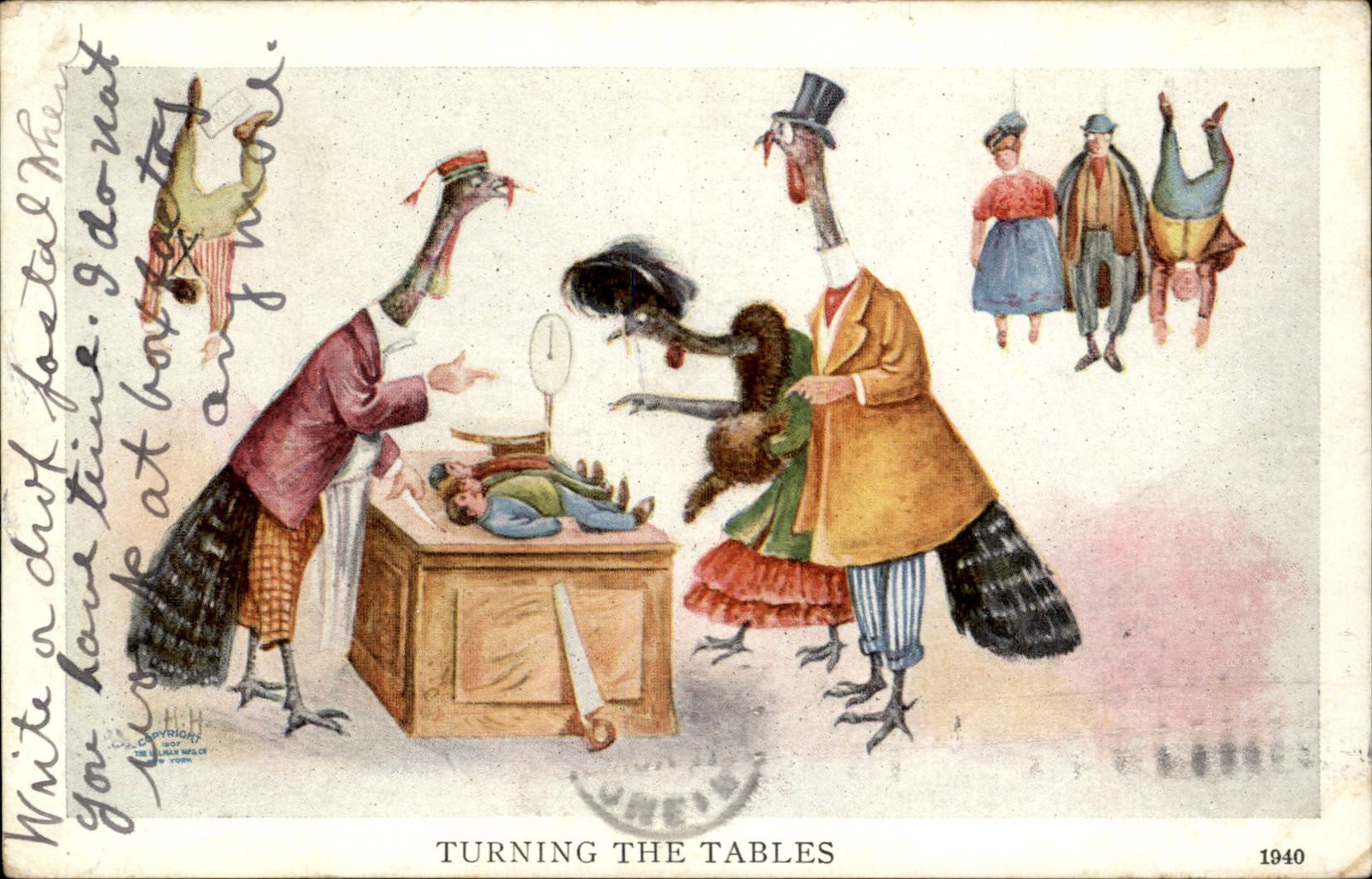 Turkey People Flip Script & Buy People to Cook MaCabre Thanksgiving Postcard bhn