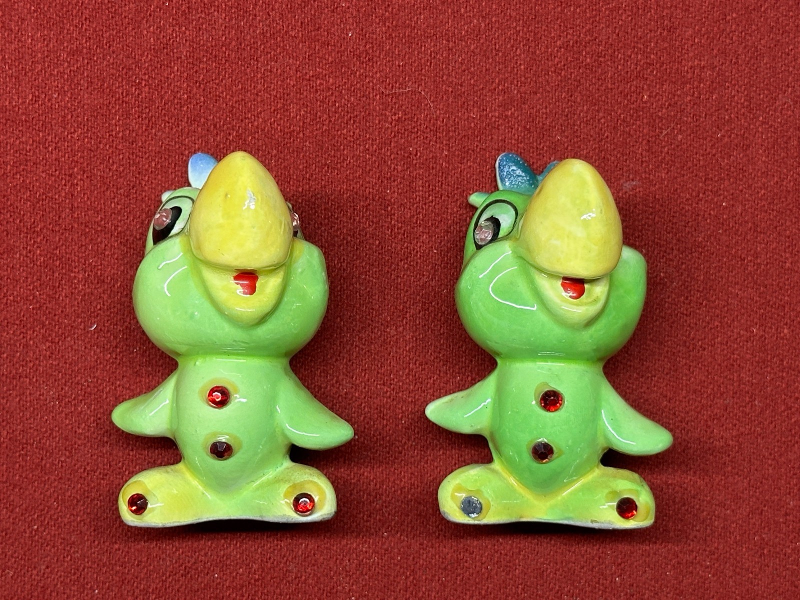 Vintage Kreiss Green Parrot Salt & Pepper Shakers Rhinestone Eyes 1950s Kitsch