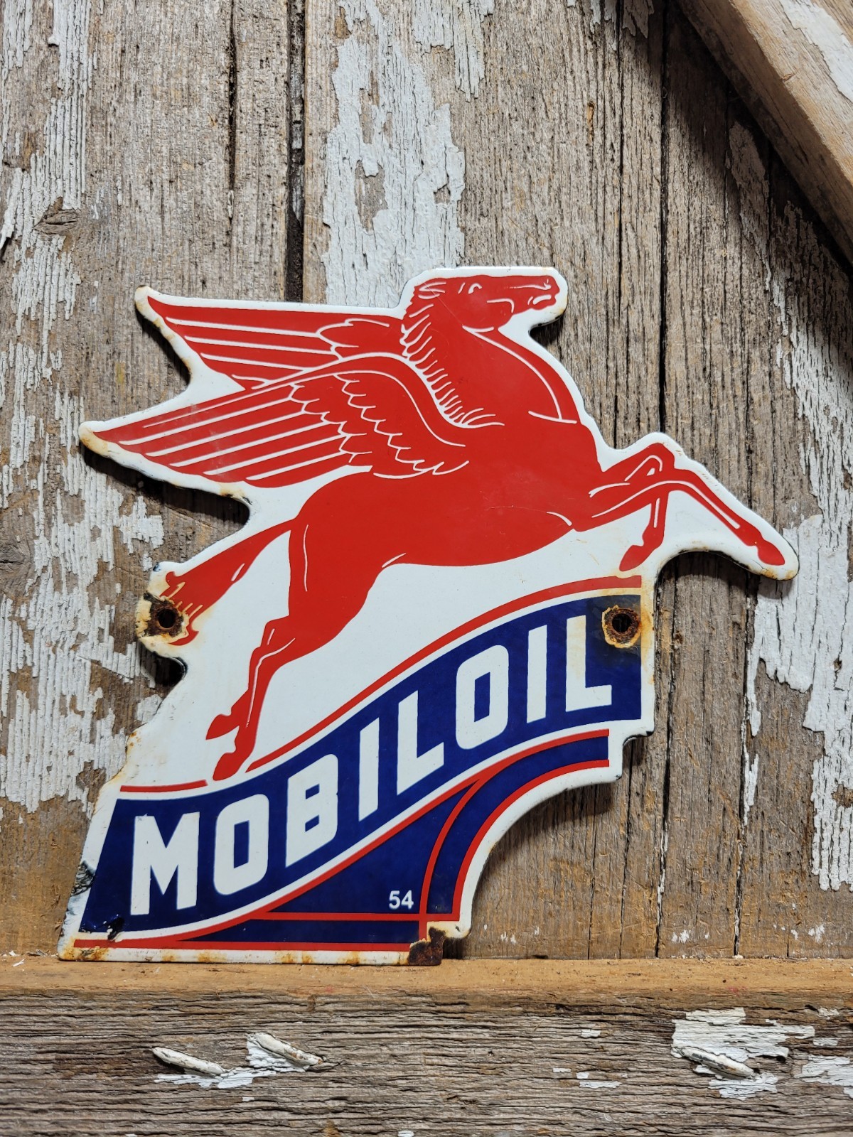 VINTAGE MOBIL PORCELAIN SIGN OLD 1954 PEGASUS GAS STATION OIL SERVICE DIECUT 8\