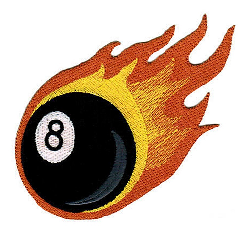 8-BALL PATCH embroidered iron-on POOL SHARK BILLIARDS FLAMING FLAMES FIRE BLACK