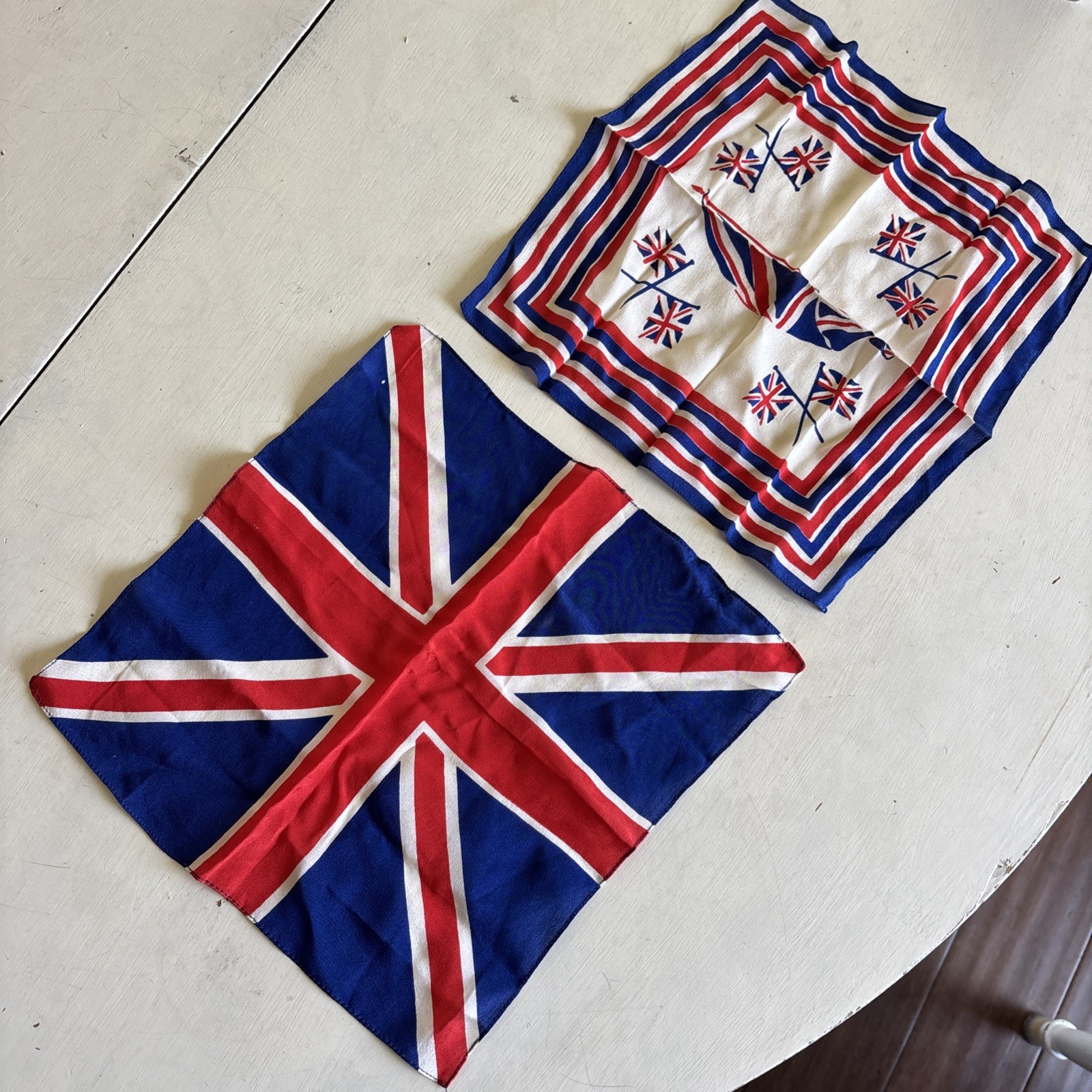 Vintage Lot of 2 British Handkerchief Scarf WW II Flag 11” x 11” Feels like Silk