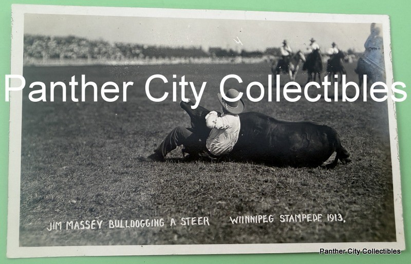 1913 RPPC Photo Postcard Winnipeg Stampede Rodeo Jim Massey Bulldogging Steer