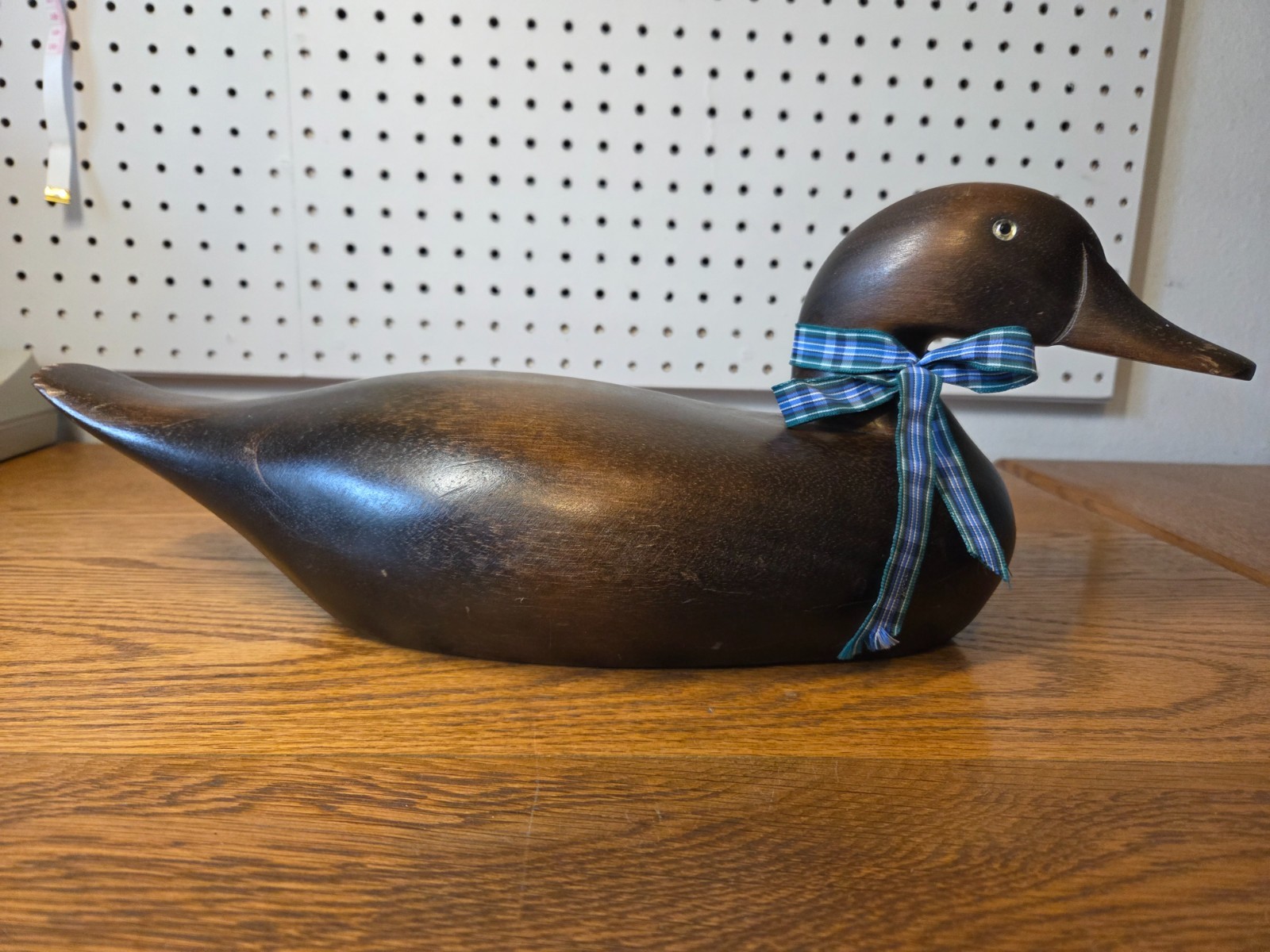 Vintage Hand Carved Wooden Duck with Glass Eyes and Plaid Ribbon, 17\