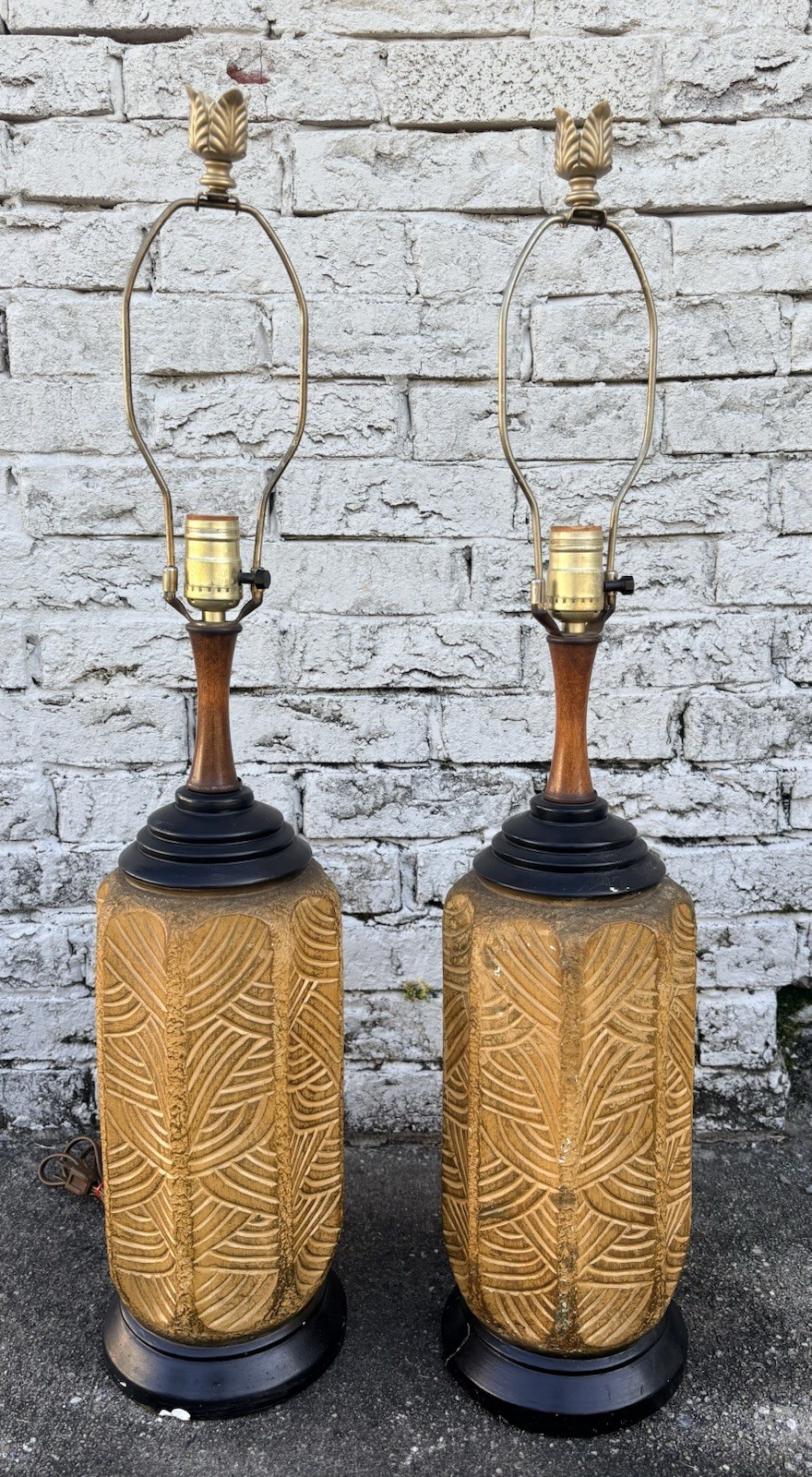 Vintage 1960s Italian Ceramic Palm Tree Table Lamps Pair
