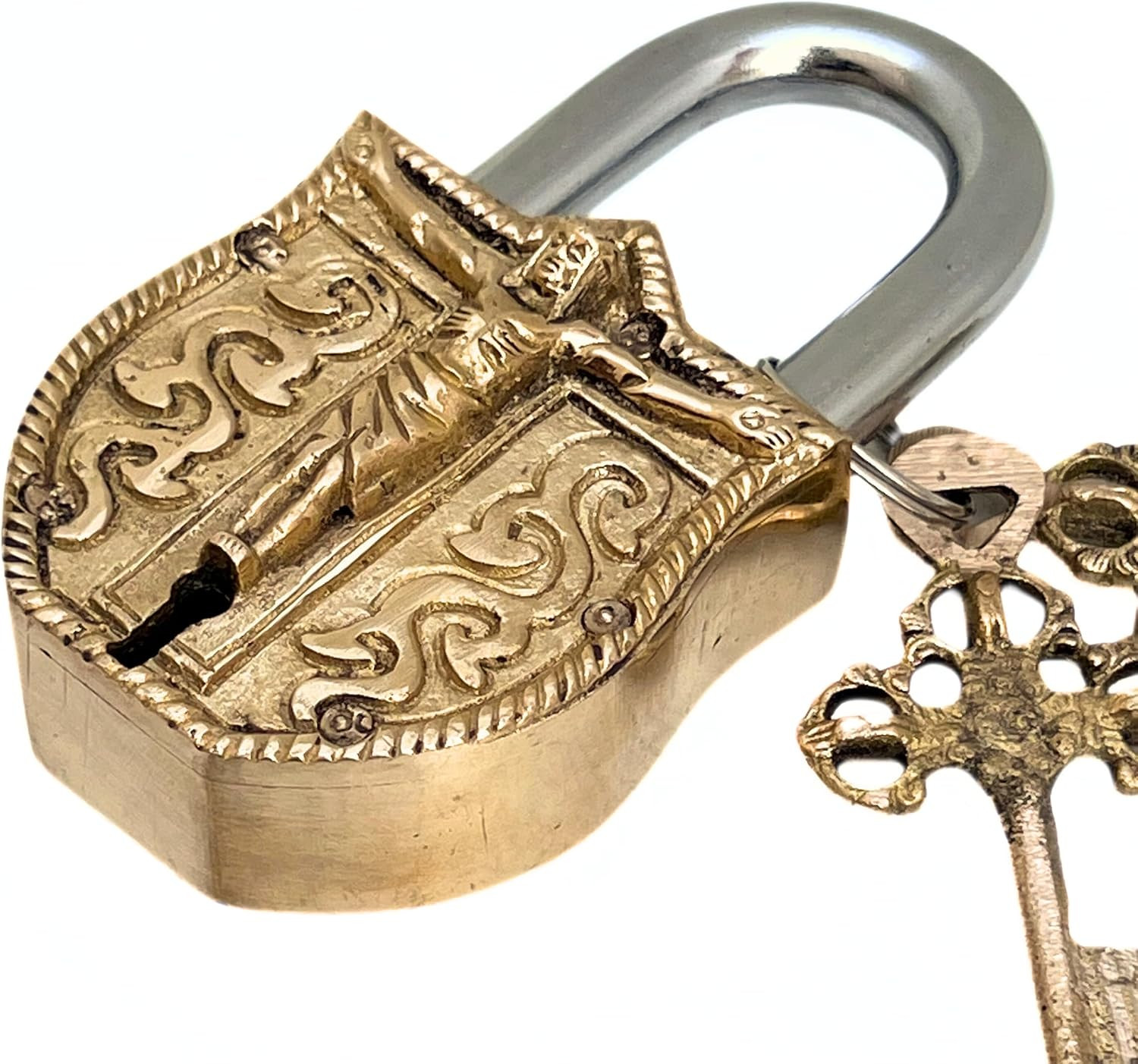 Shiny Brass Church Lock Vintage Padlock with Embossed Jesus Christ Design – Deco