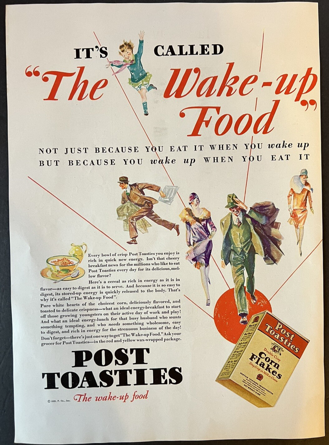 Vtg 1929 Post Toasties Double-Crisp Corn Flakes Ad, The Wake-Up Food