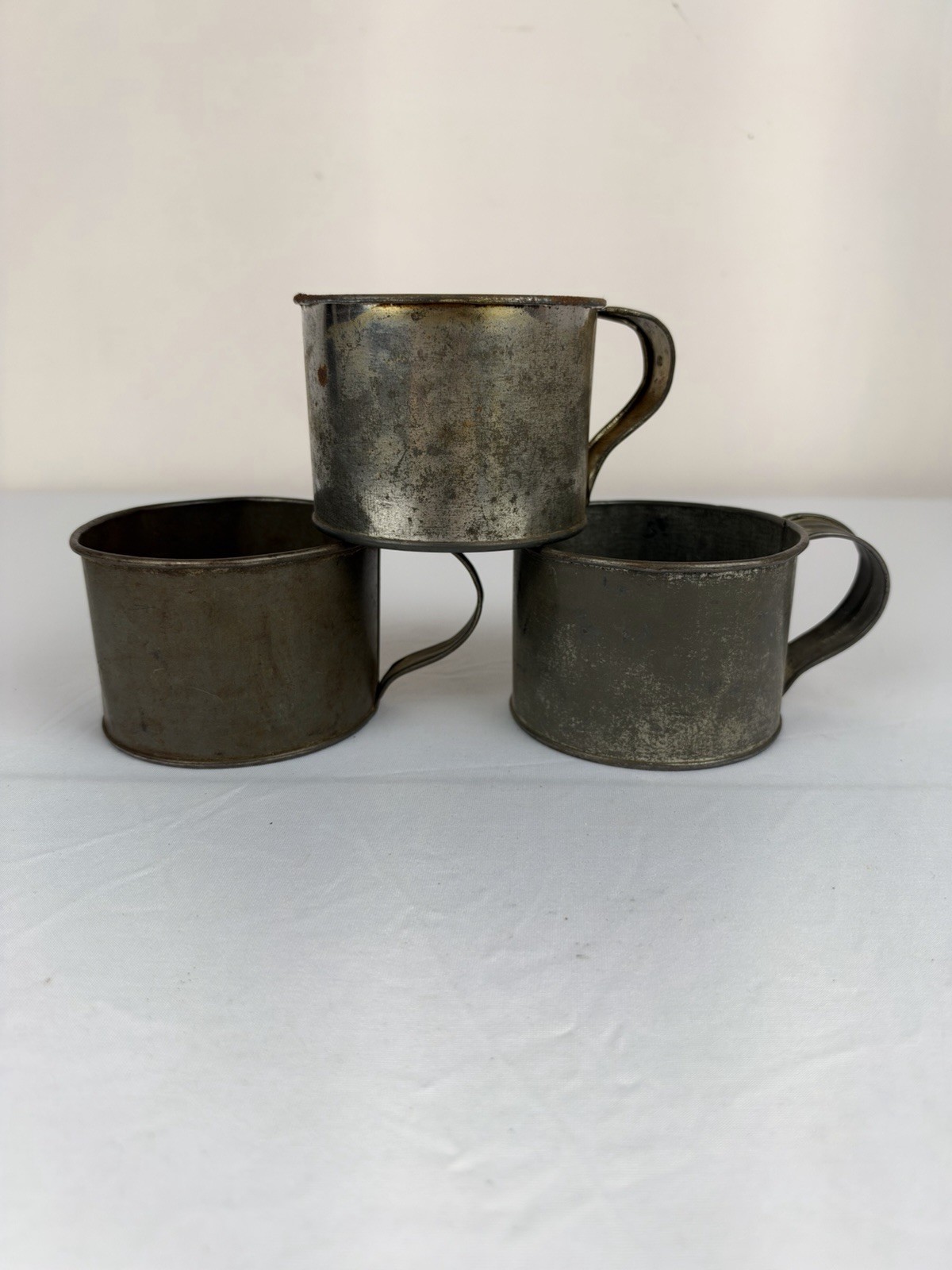 3 Antique Vintage Tin Metal Drinking Cups Rusty Weathered Patina Primitive