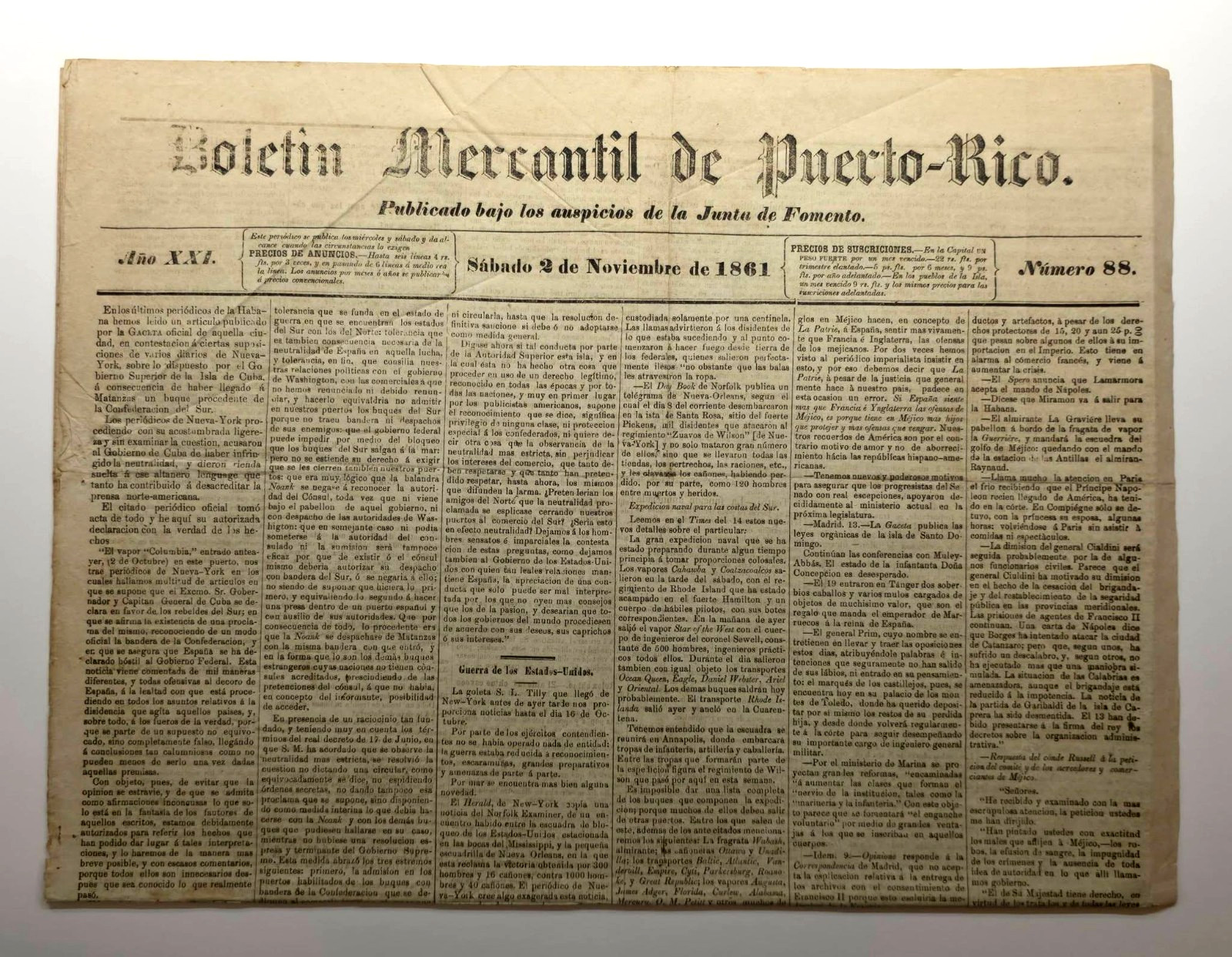 ANTIQUE NEWSPAPER  / BOLETIN MERCANTIL DE PUERTO RICO 1861 / VERY RARE #1