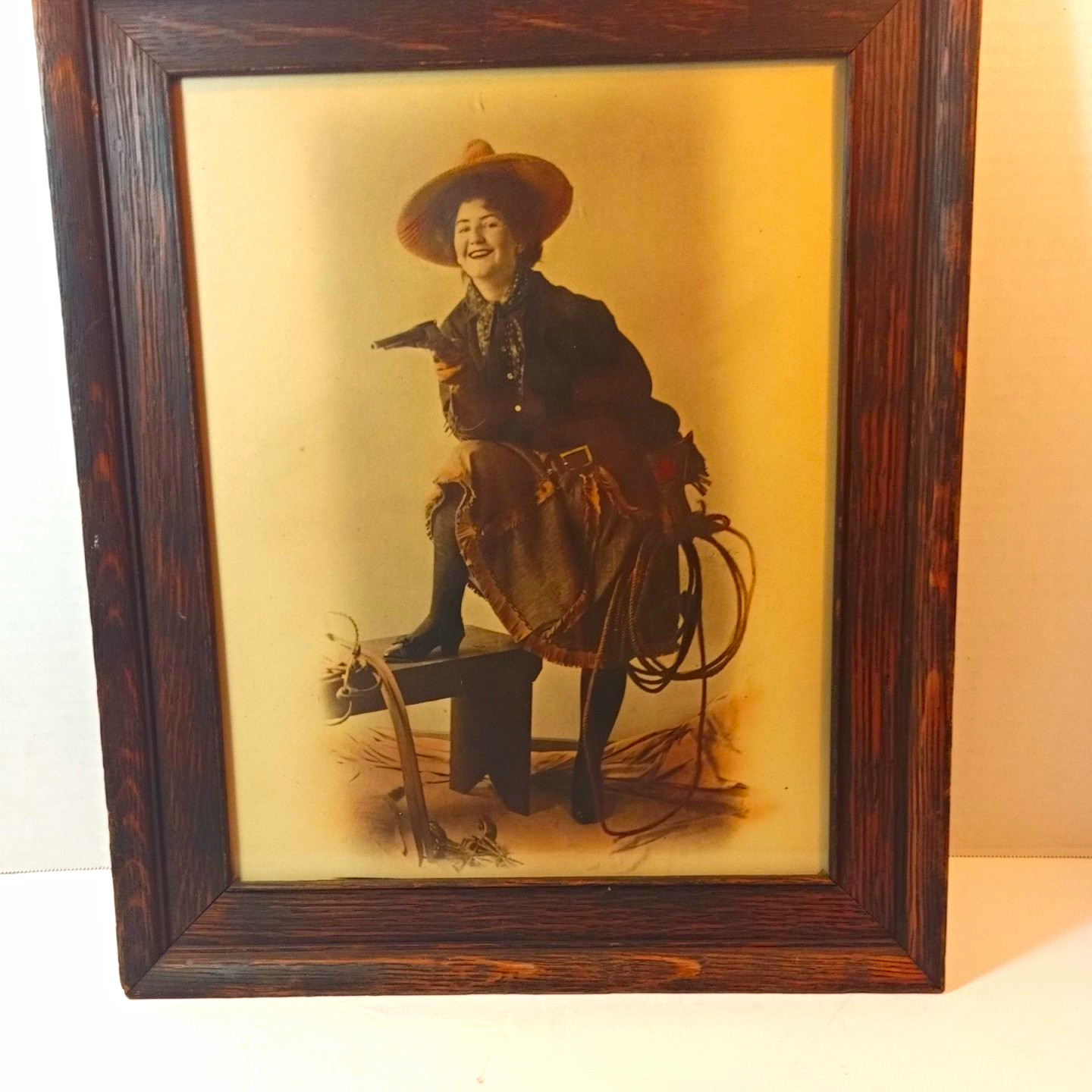 Antique 1910 Wild West Cowgirl Studio Portrait Photo Original Mission Oak Frame