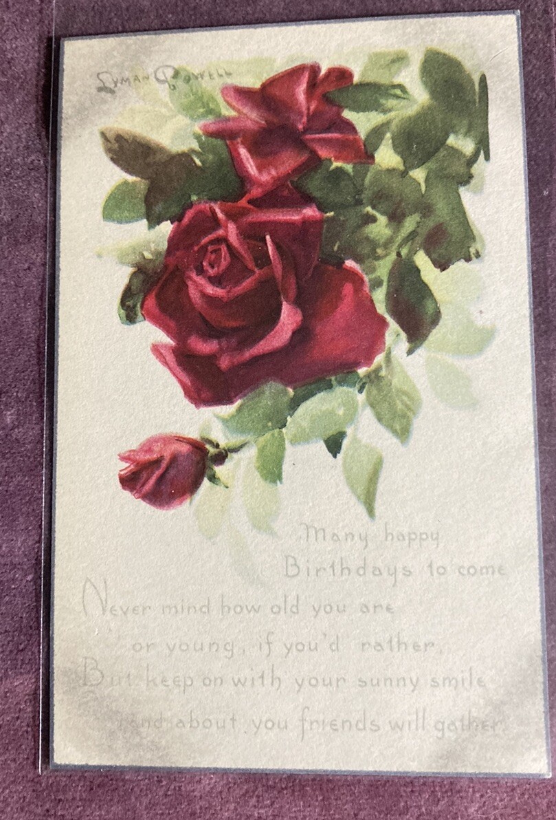Antique 1910s Linen Postcard Signed Lyman Powell Birthday Series 133 Red Roses