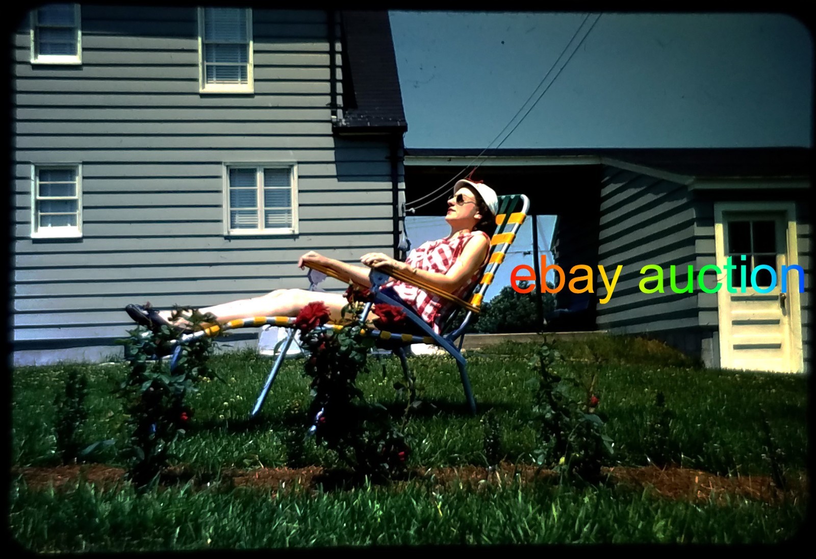 1950s Orig Slide-Mid-Century Scene-Mod Woman reclines on Lawn chair- vtg photo