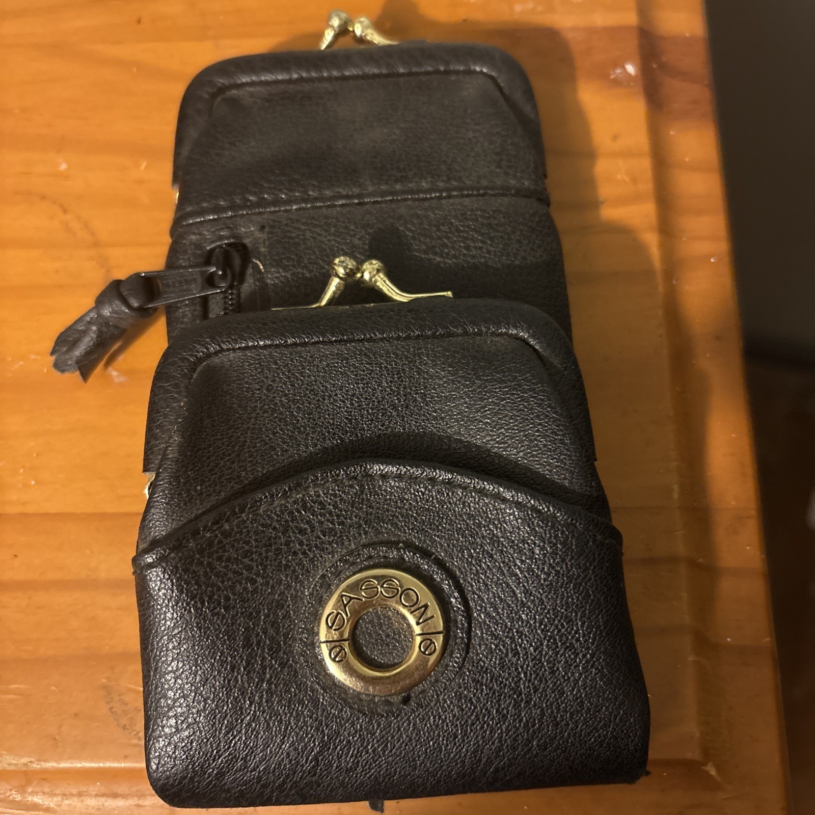 Vtg 80s SASSON Multi Compartment Wallet Black Kiss Lock Coin Purse Pouch Rare (