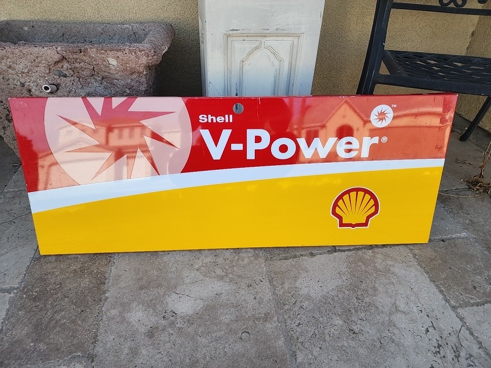 Shell V-Power Gas & Oil Sign Panel Red Yellow White 42”w x 16”h  