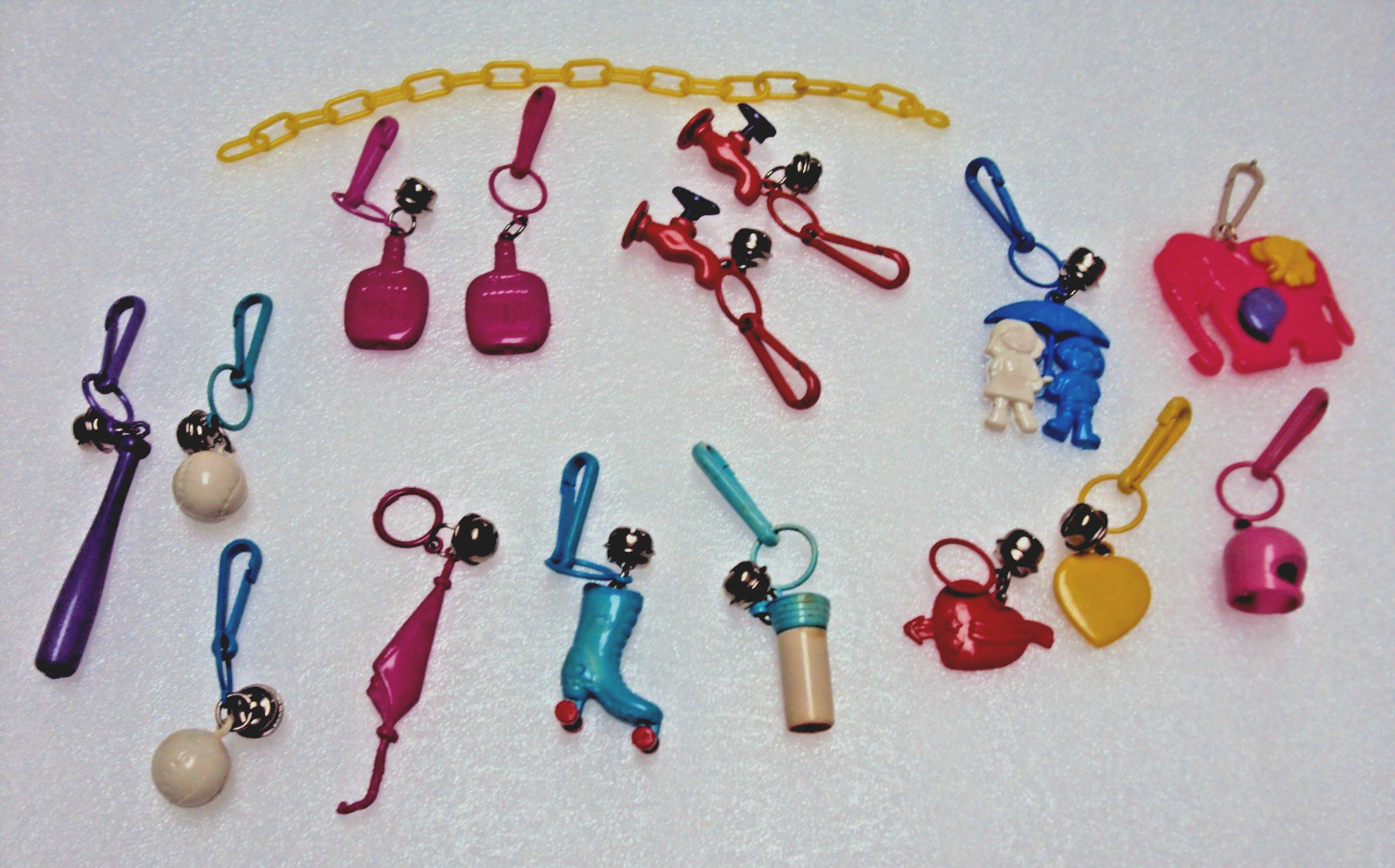 80\'s vintage clip on plastic bell charms yellow chain bracelet w/charms
