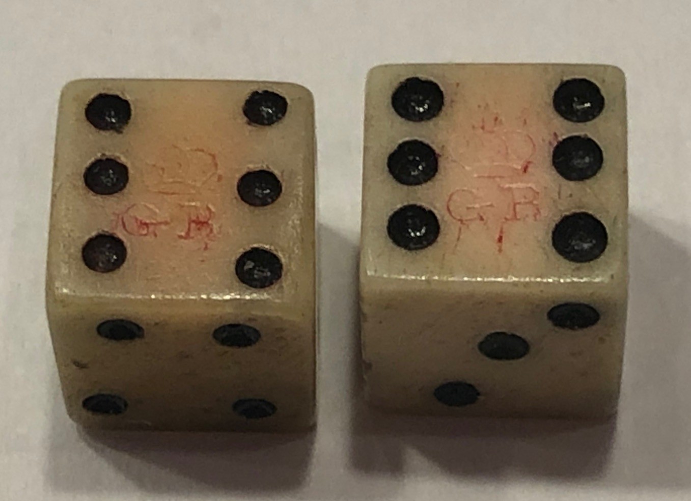 Authentic 1/4+” Rev.War Era Pair Bone (Bovine)  Crown & GR Stamped Dice