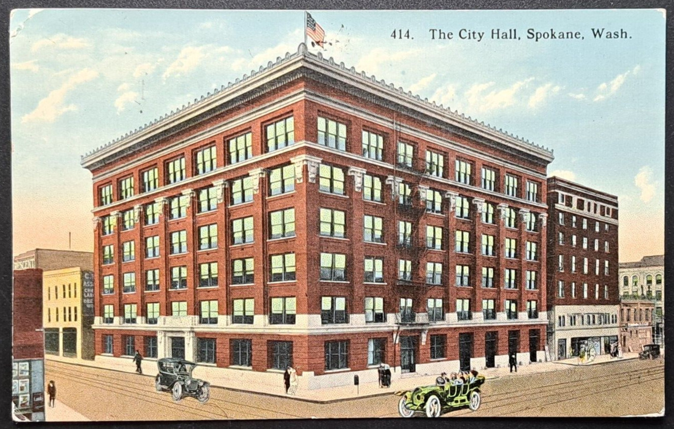 Vintage 1915 Spokane WA City Hall Postcard Street View Cars Bicycles Horses
