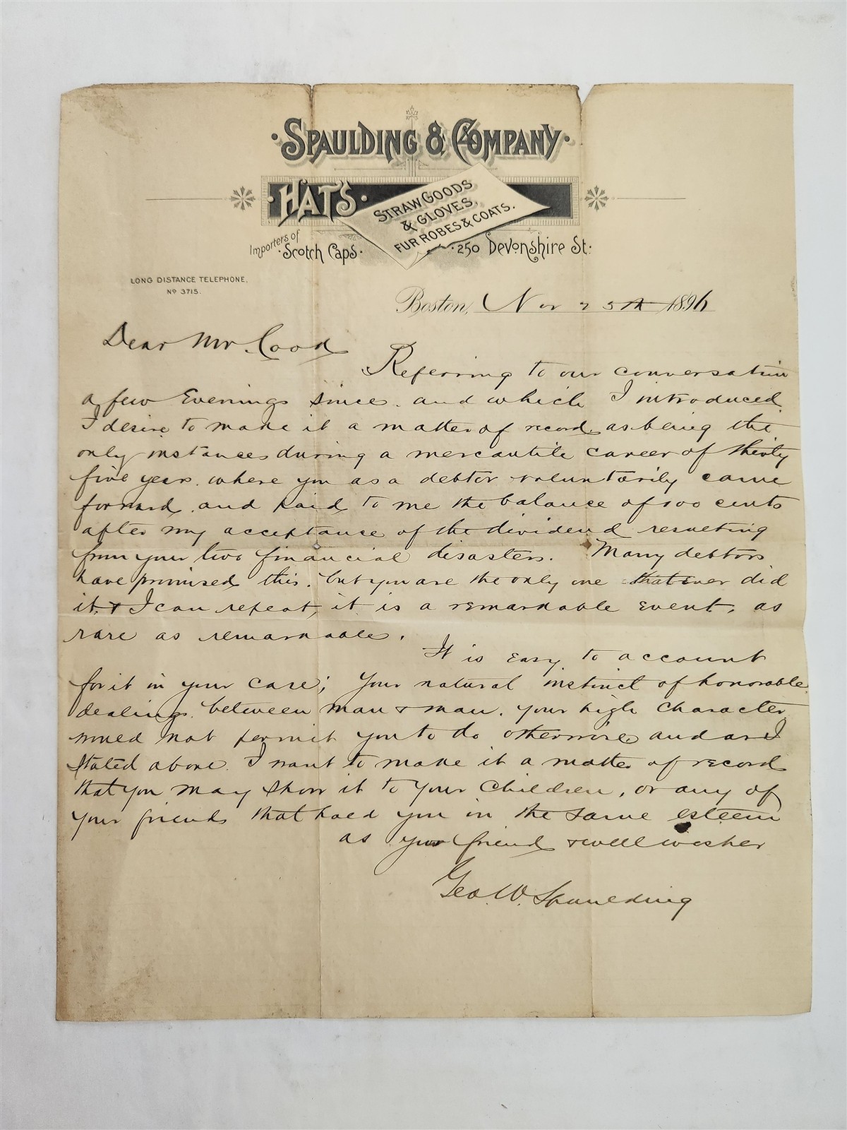 1896 antique SPAULDING & CO boston ma HATS FUR ROBES letter LETTERHEAD