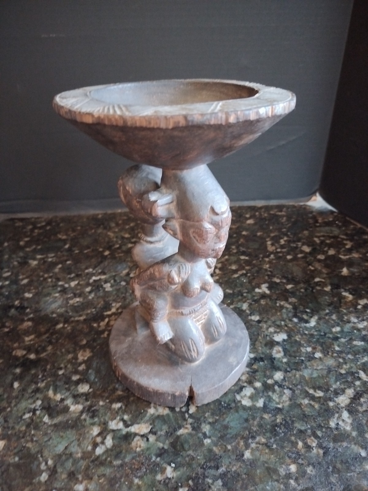 YORUBA PEOPLE CARVED WOOD STATUE  FEMALE FIGURE Divination OFFERING BOWL & BABY