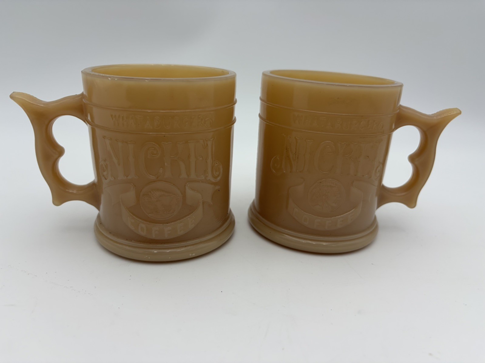 Whataburger Mug Buffalo Nickel Coffee Butterscotch Pistol Grip Vintage SET  OF 2