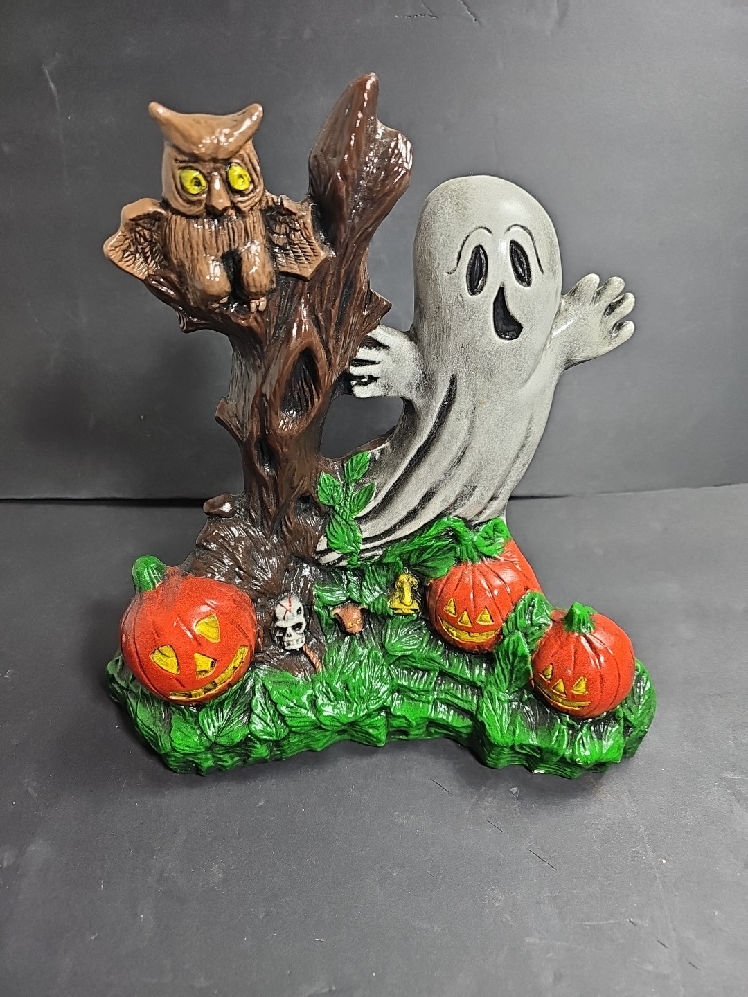 Vtg 78 12” Tall Ceramic Ghost Owl Jack-O-Lantern Halloween Scene Signed