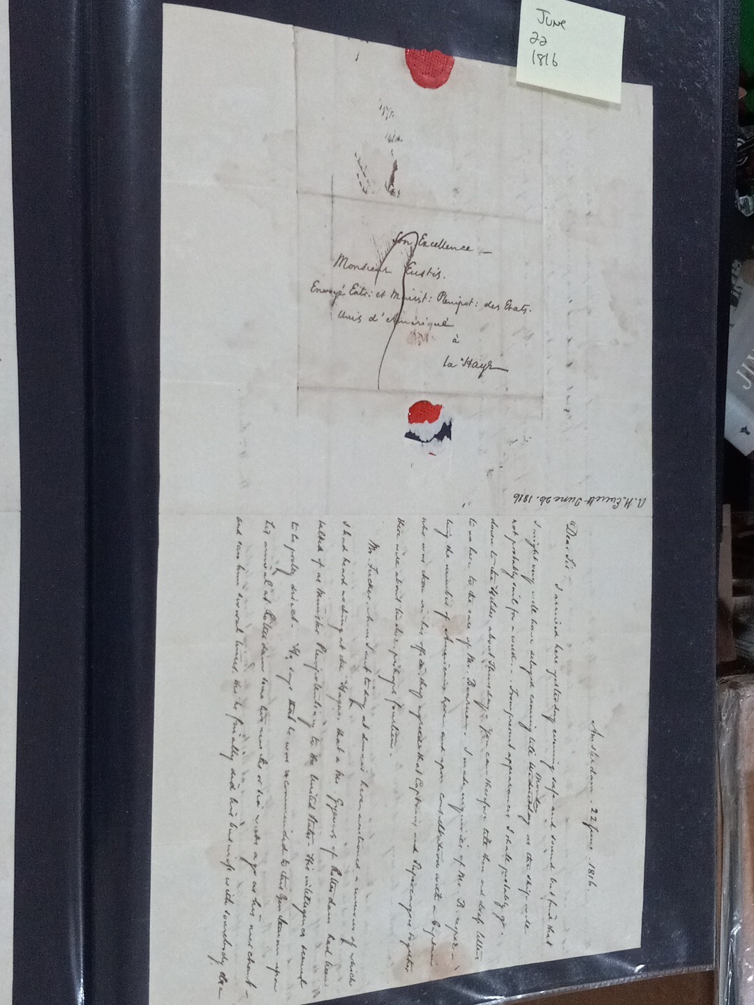 6/22/1816 Letter Alexander H. Everett to William Eustis Paris & The Hague signed