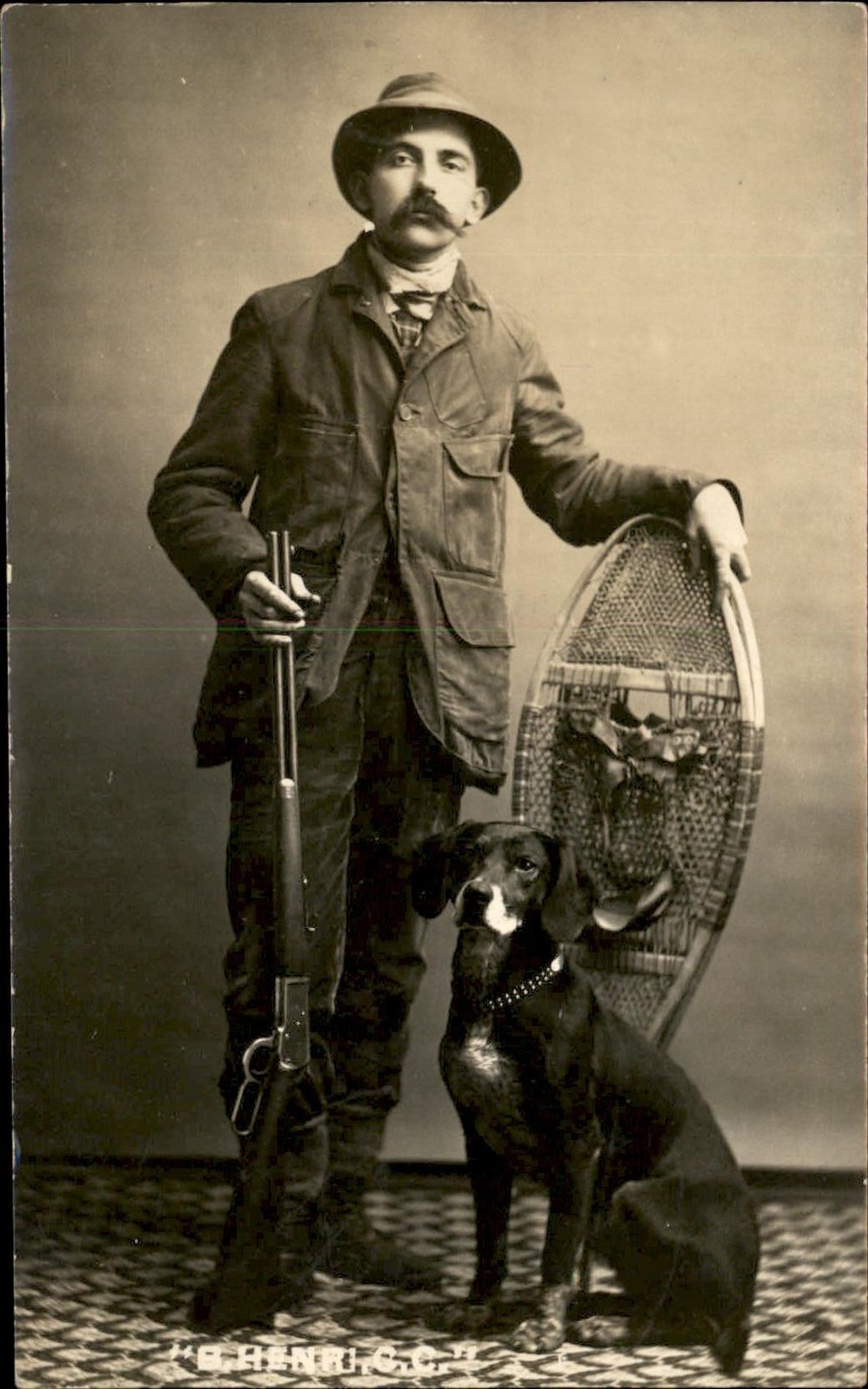 Hunter shotgun Hound Dog Snowshoes A+++ Studio Photography RPPC c1910 bhn