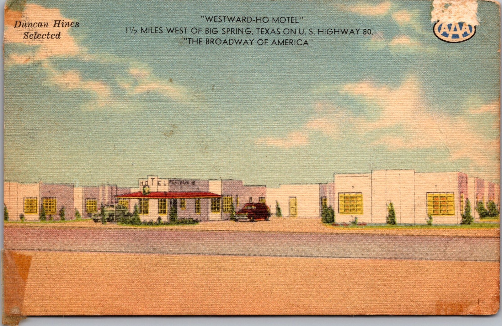 VTG Westward-Ho Motel Big Spring TX Duncan Hines AAA Highway 80 Linen Postcard