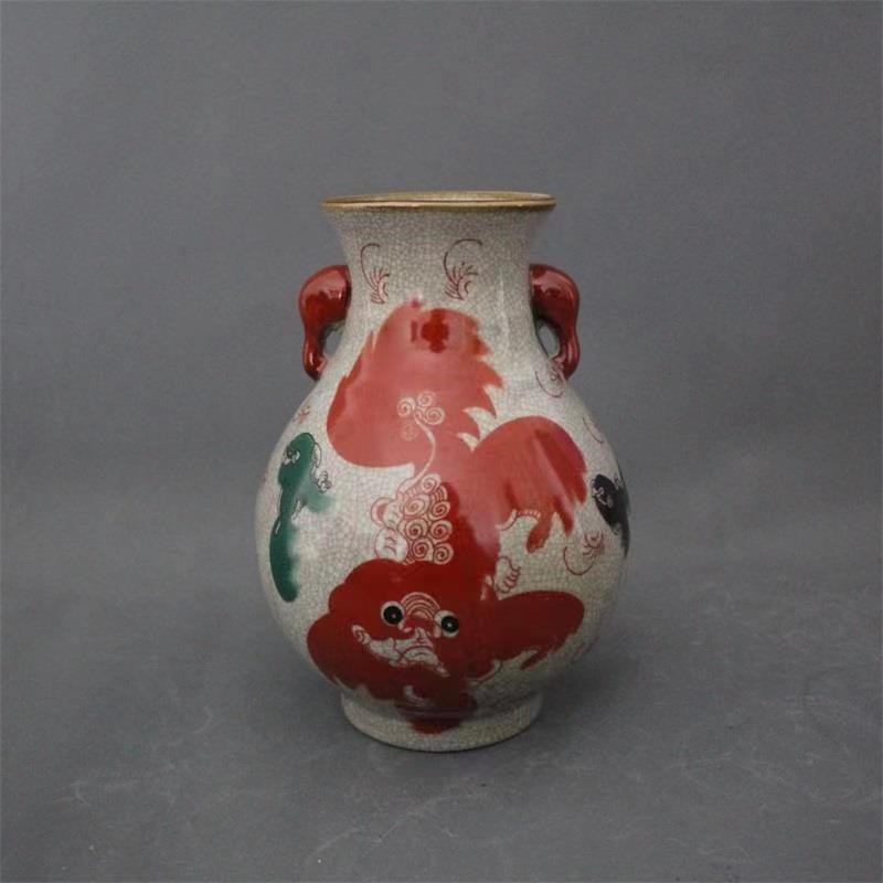 Old Chinese Famille Rose Porcelain Vase Twin‑Handled Lion Shi‑Shi Pattern Vase