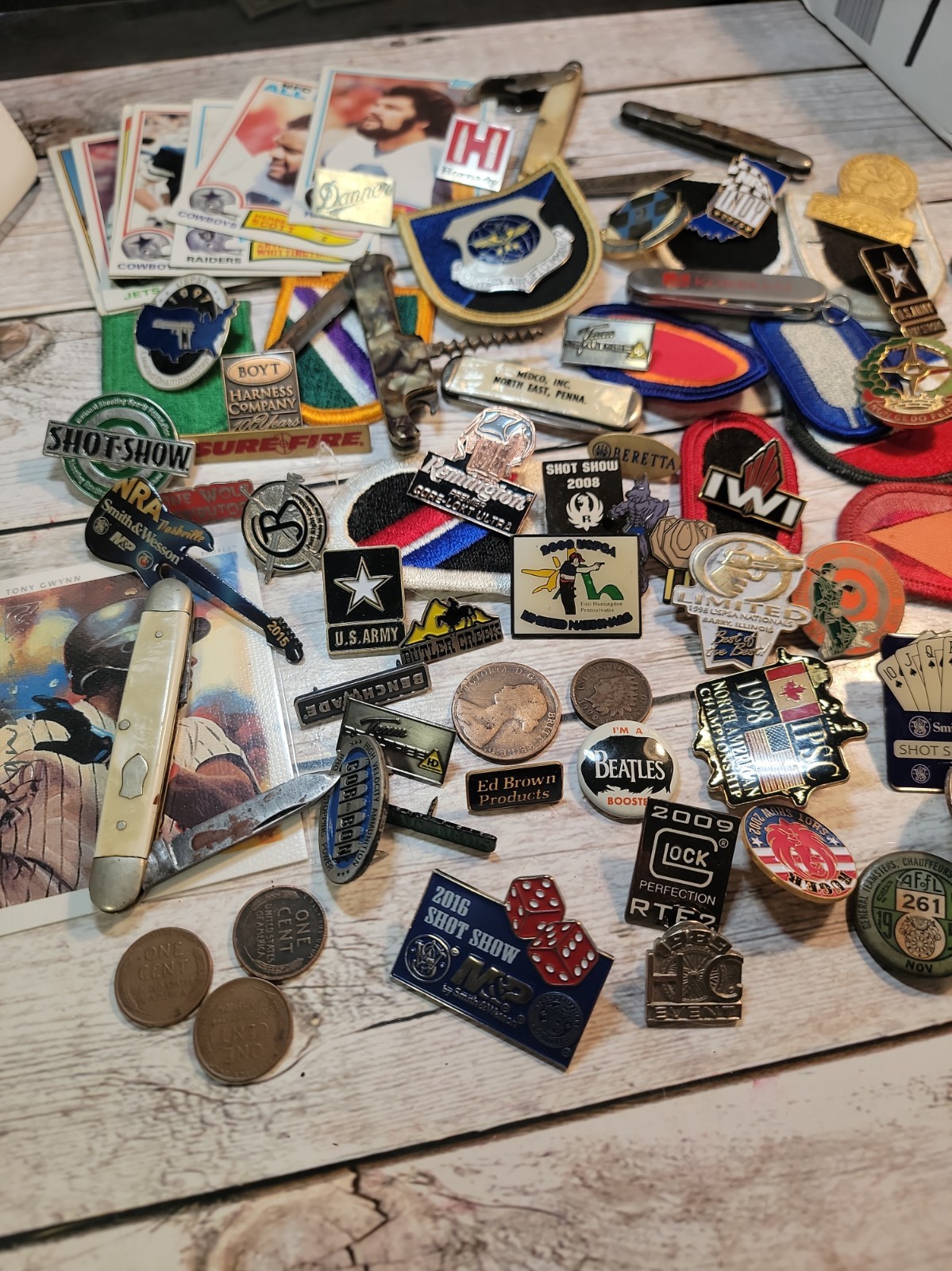 Vintage estate junk drawer lot Knives, Patches, Coins And More.