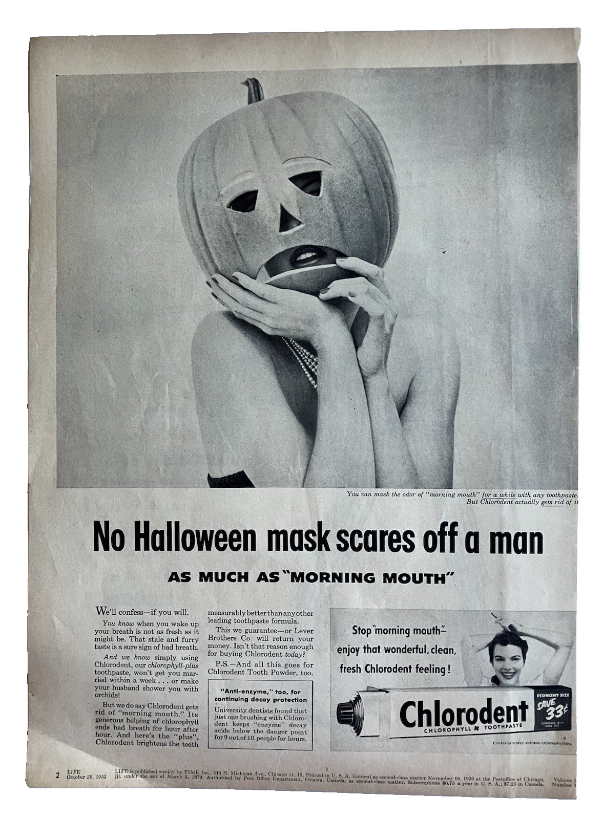 Vtg Halloween Advertising Print Ad Chlorodent Toothpaste 1953 Jack-o-Lantern