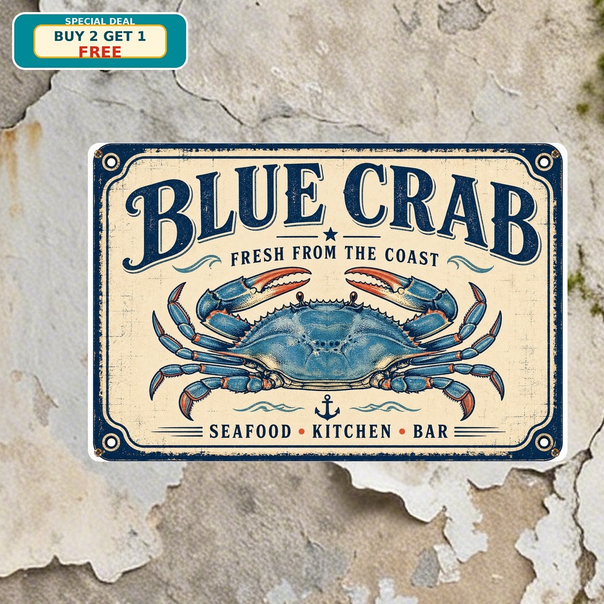 Blue Crab Seafood Restaurant Coastal Beach House Retro Metal Tin Sign