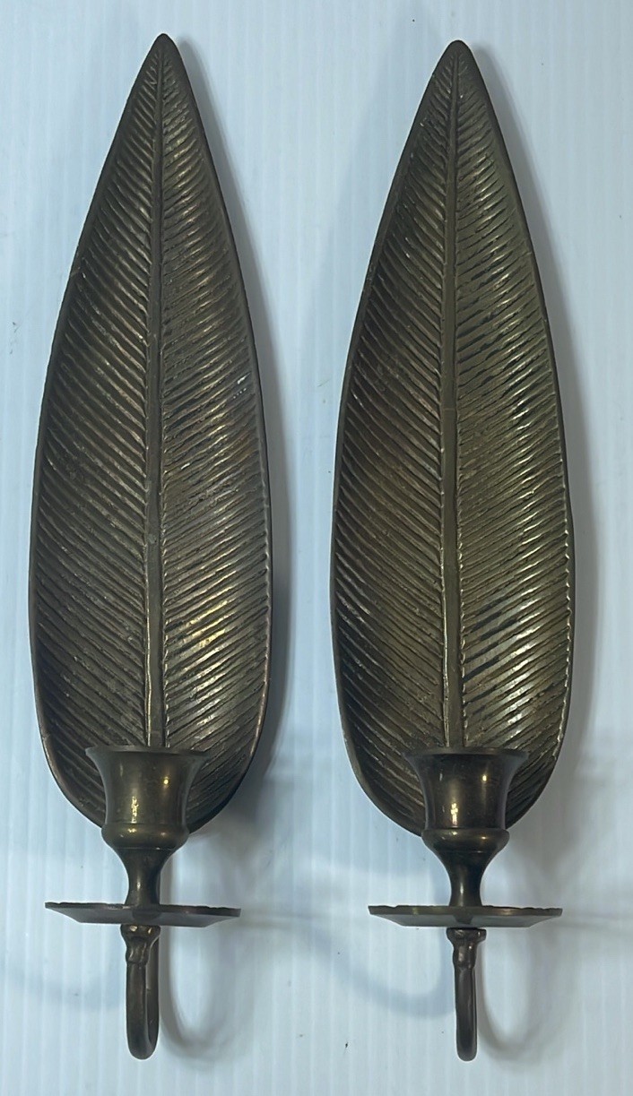 Vintage Lot Of 2 Brass Wall Mount Candle Holders- Leaf - Made In  India