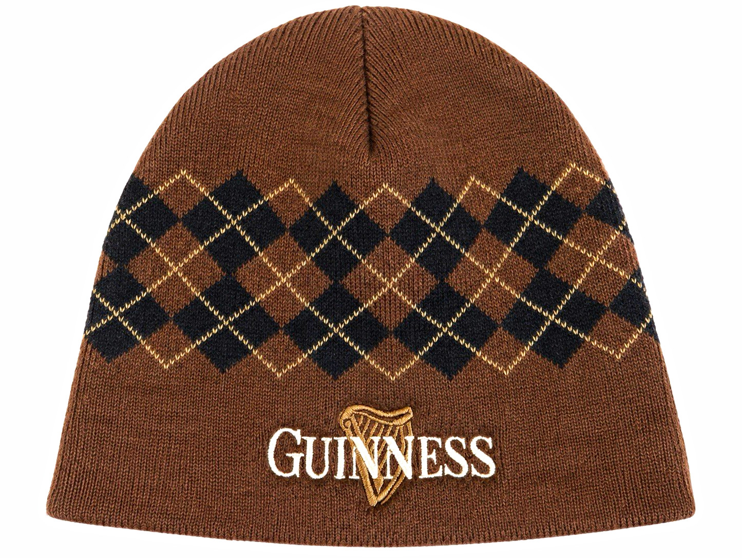 Guinness Brown Argyle Pattern Knit Beanie Hat - Breweriana Theme Headwear