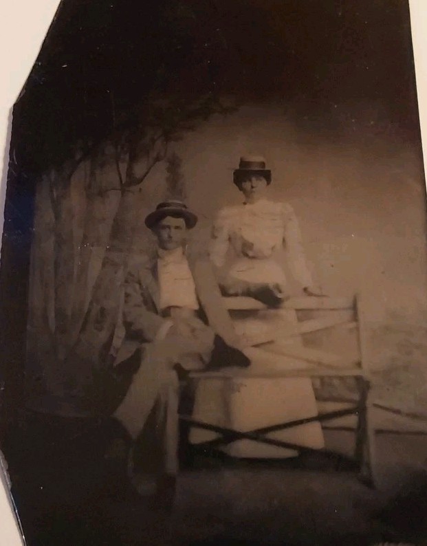 1883 Tintype Couple Formal Attire w/Trees in Background 