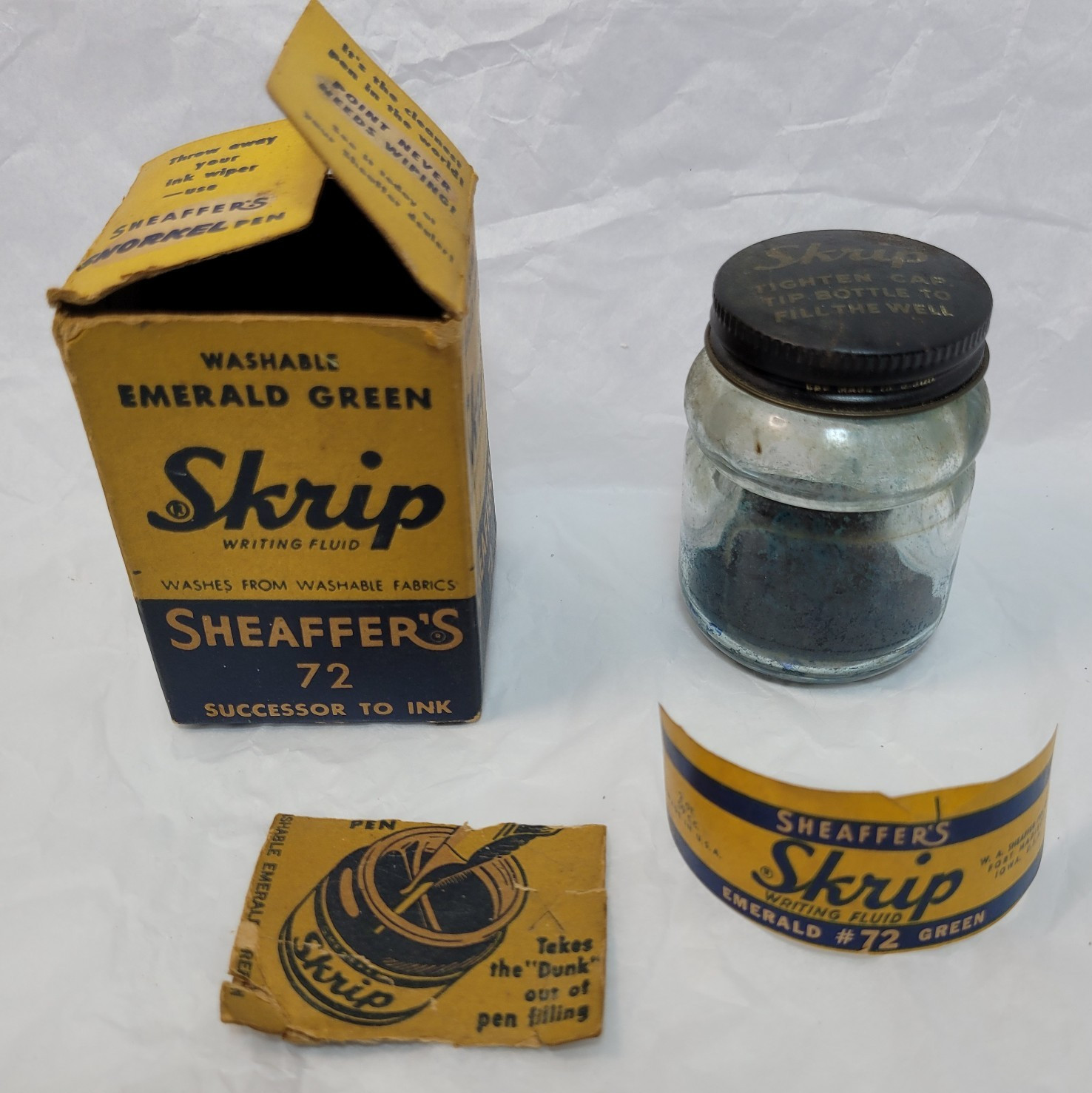VTG Skrip Ink Bottle Box Empty Sheaffer\'s 72 Emerald Green Washable 1950s Pen