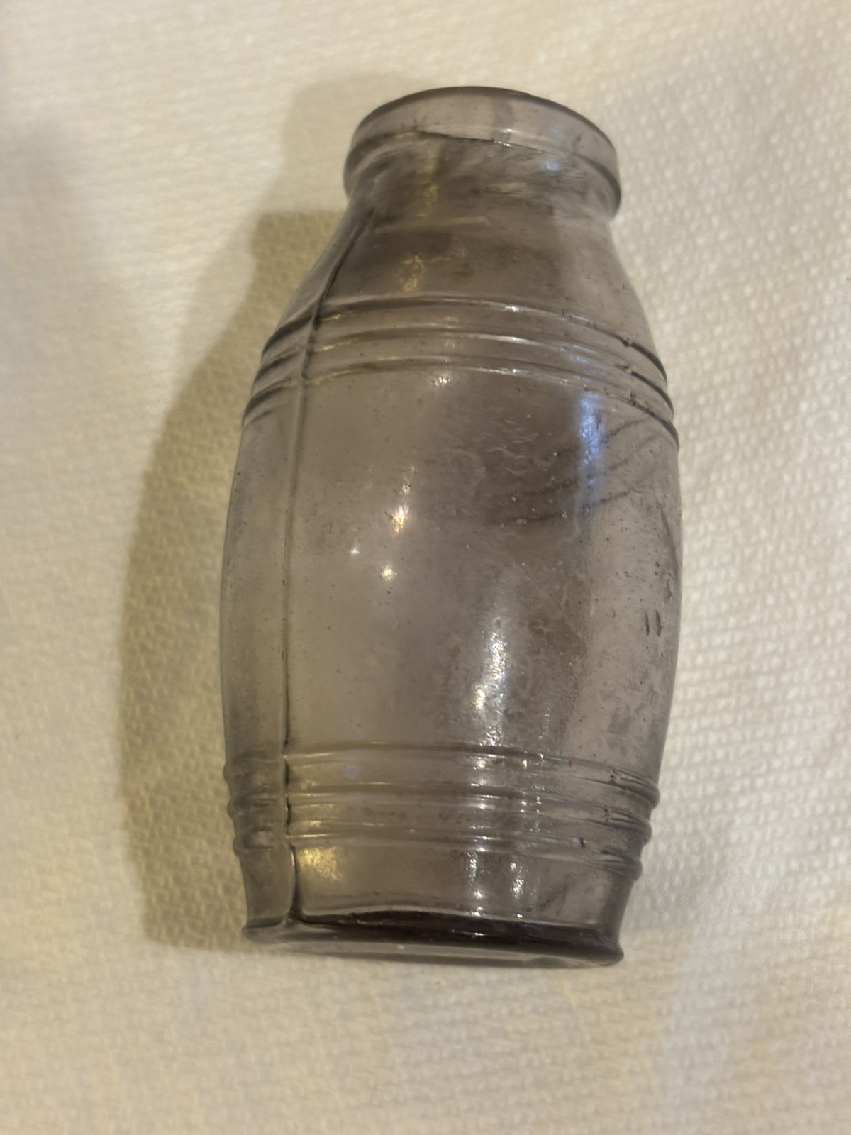 1890s Antique Glass Barrel Bottle Vintage Mustard Jar Primitive 4”
