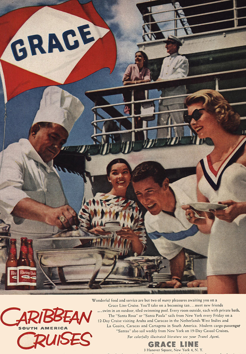 1957 Grace Line: Caribbean Cruises Vintage Print Ad