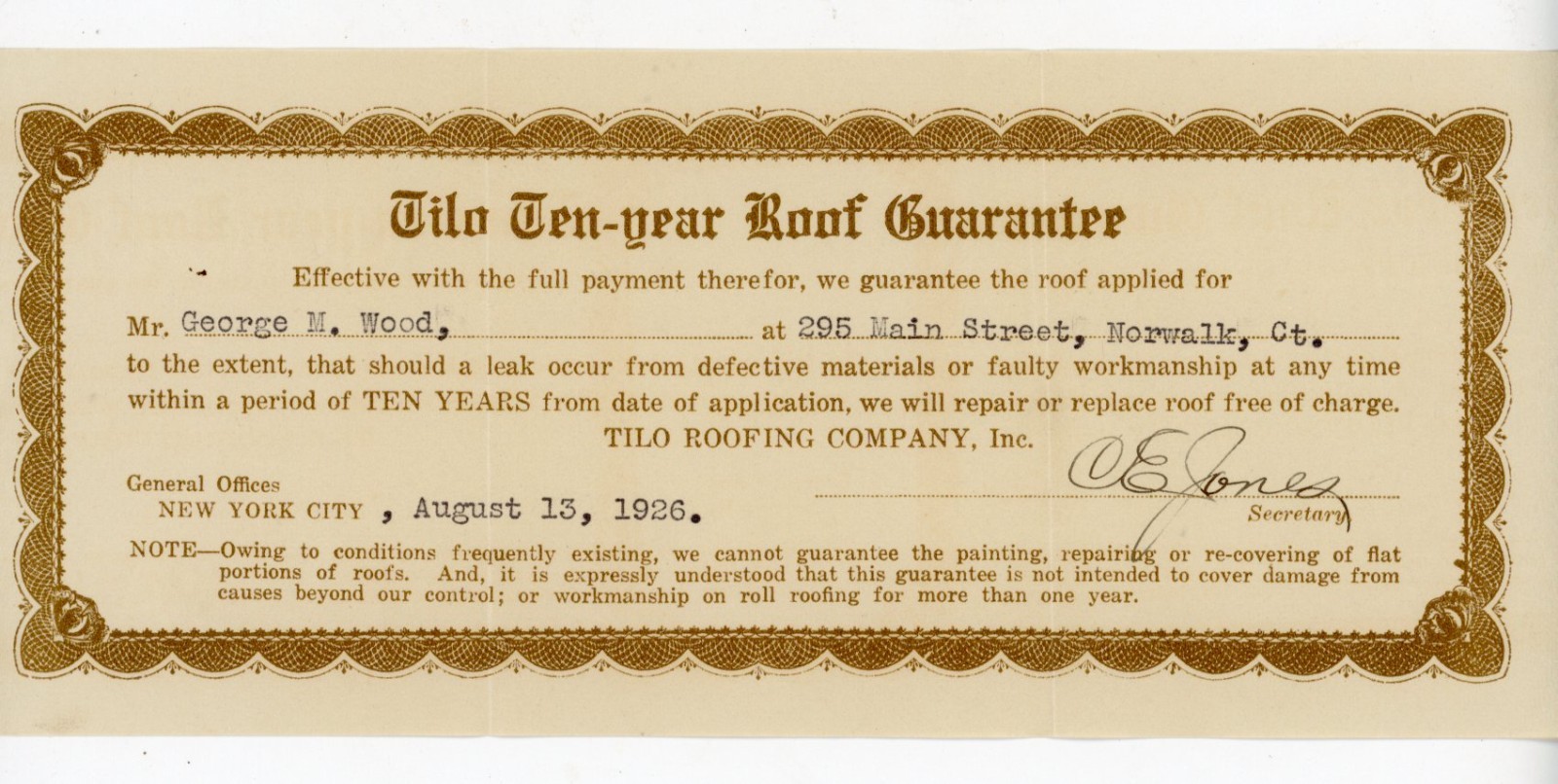 1926 Tilo Roofing Co Ten-Year Roof Guarantee Certificate Norwalk CT CE Jones Sig 1926 Tilo Roofing Co Ten-Year Roof Guarantee Certificate Norwalk CT CE Jones Sig