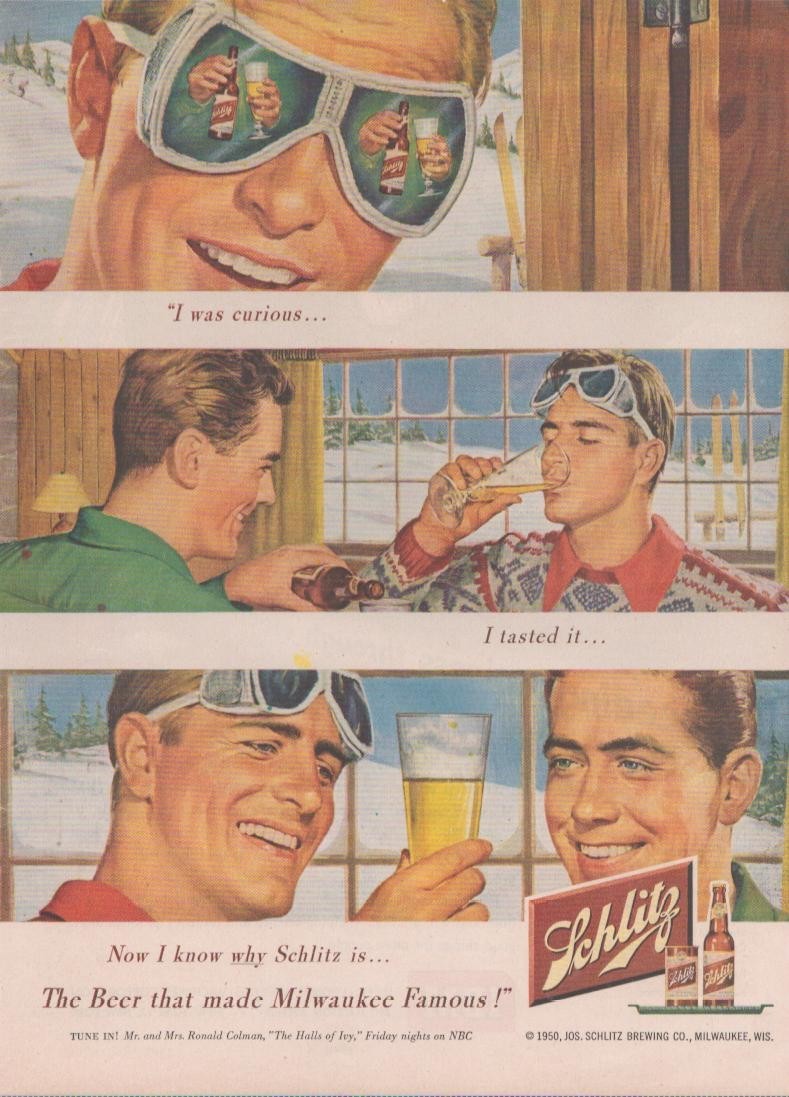 Vintage 1950 Schlitz Beer Ski Lodge Print Advertisement - Original