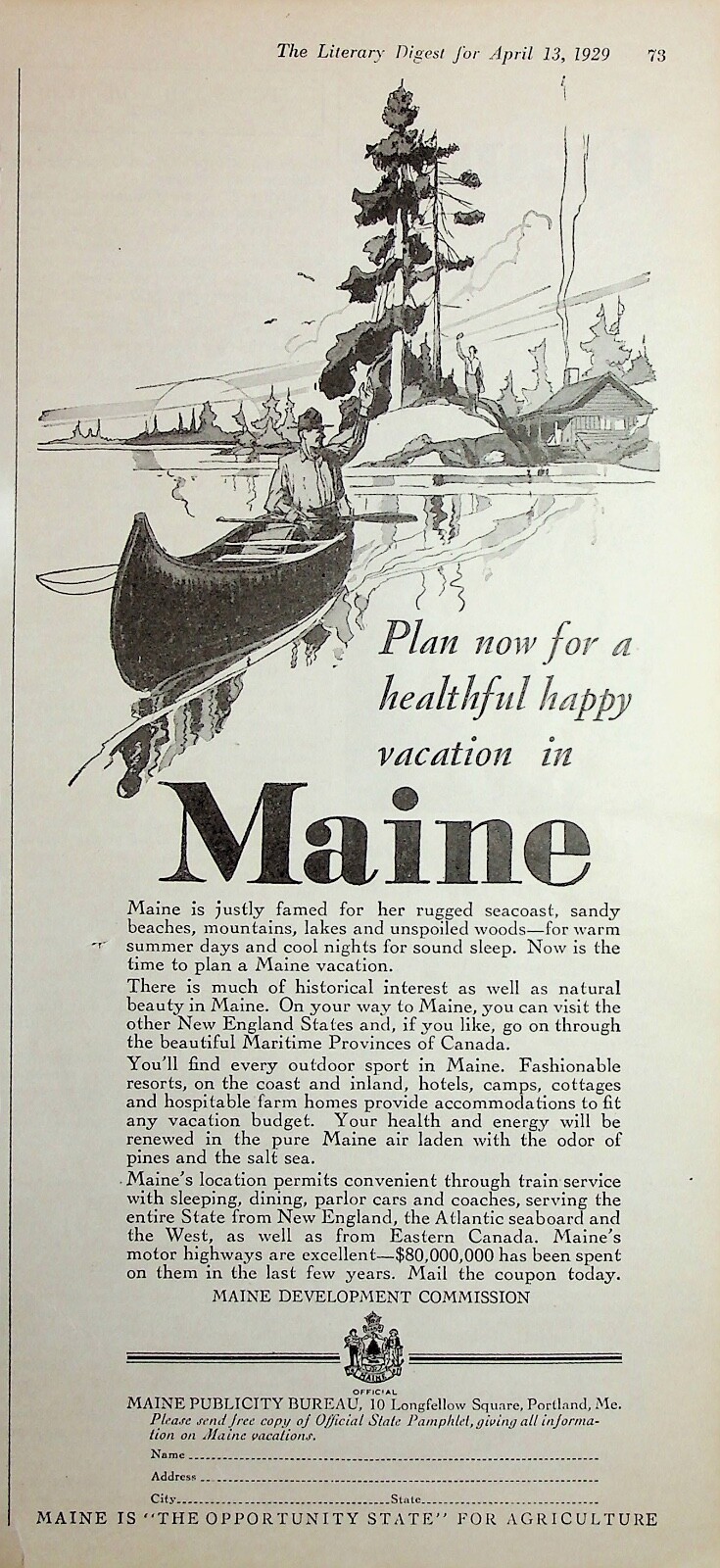 Original 1929 Vintage Travel Ad: Healthful Plan for a happy vacation in Maine