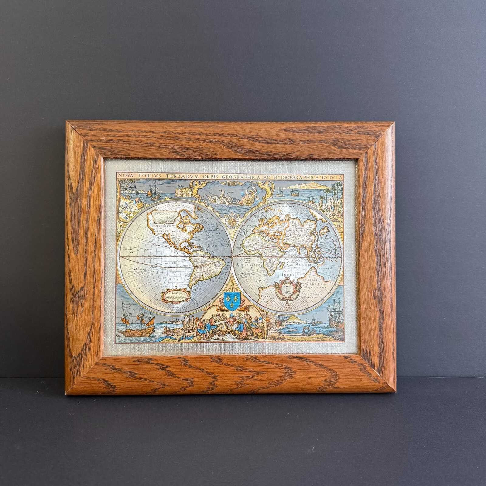 Vintage Framed World Map Foil Art Print, 1626 Cartography Art