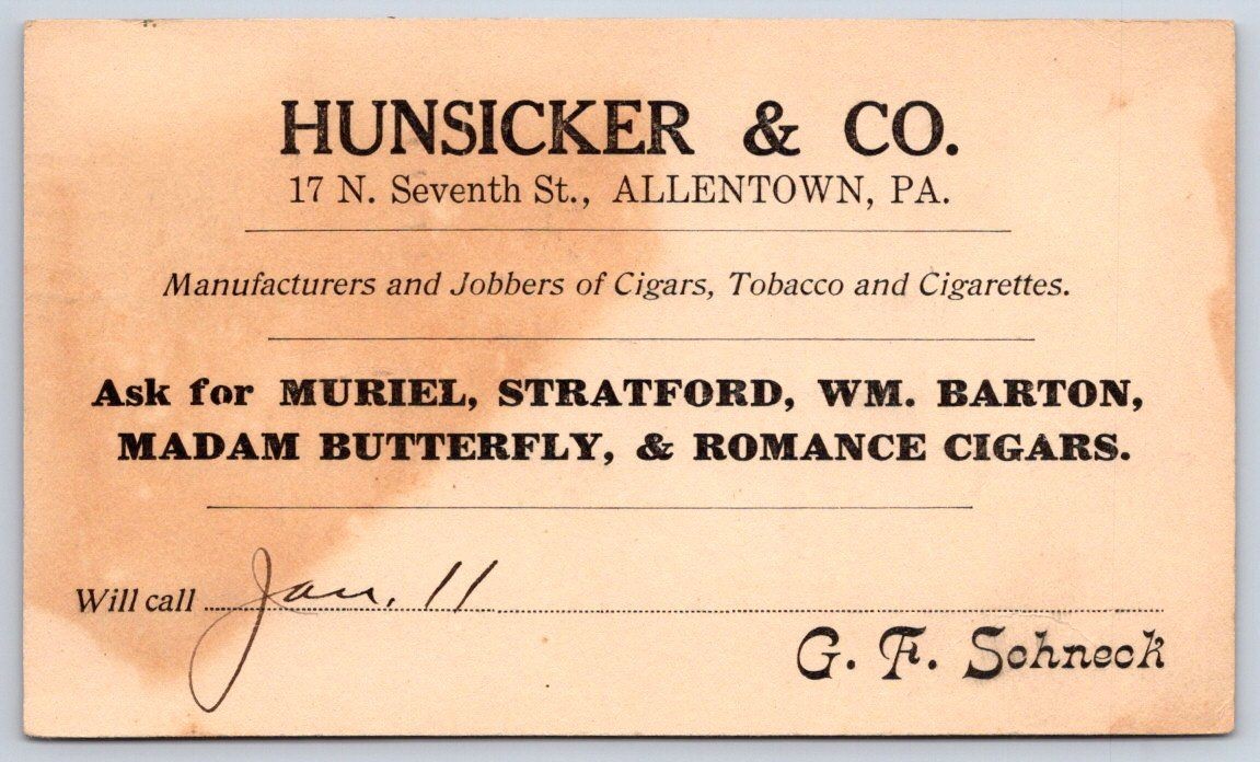 Vintage Hunsicker and Co Tobacco Cigar Salesman Call Card 1921