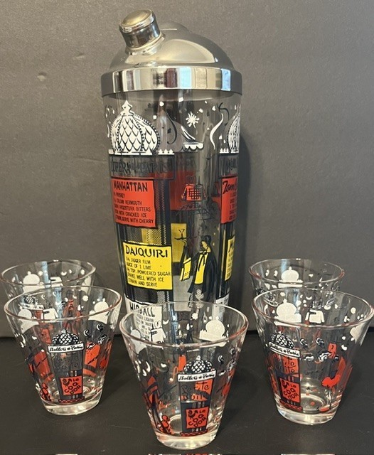 Vintage 1950s Hazel Atlas Paris Nightlife Cocktail Shaker Set 5 Glasses MCM Vintage 1950s Hazel Atlas Paris Nightlife Cocktail Shaker Set 5 Glasses MCM