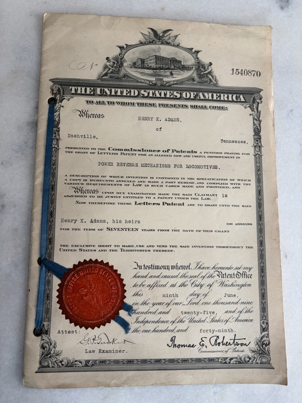 1925 Vintage Antique Old US Patent Document Locomotive Power Reverse Henry Adams