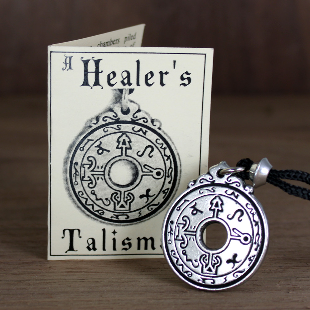 Healers Talisman Healing Amulet Pewter Pendant Occult Black Pullet Necklace
