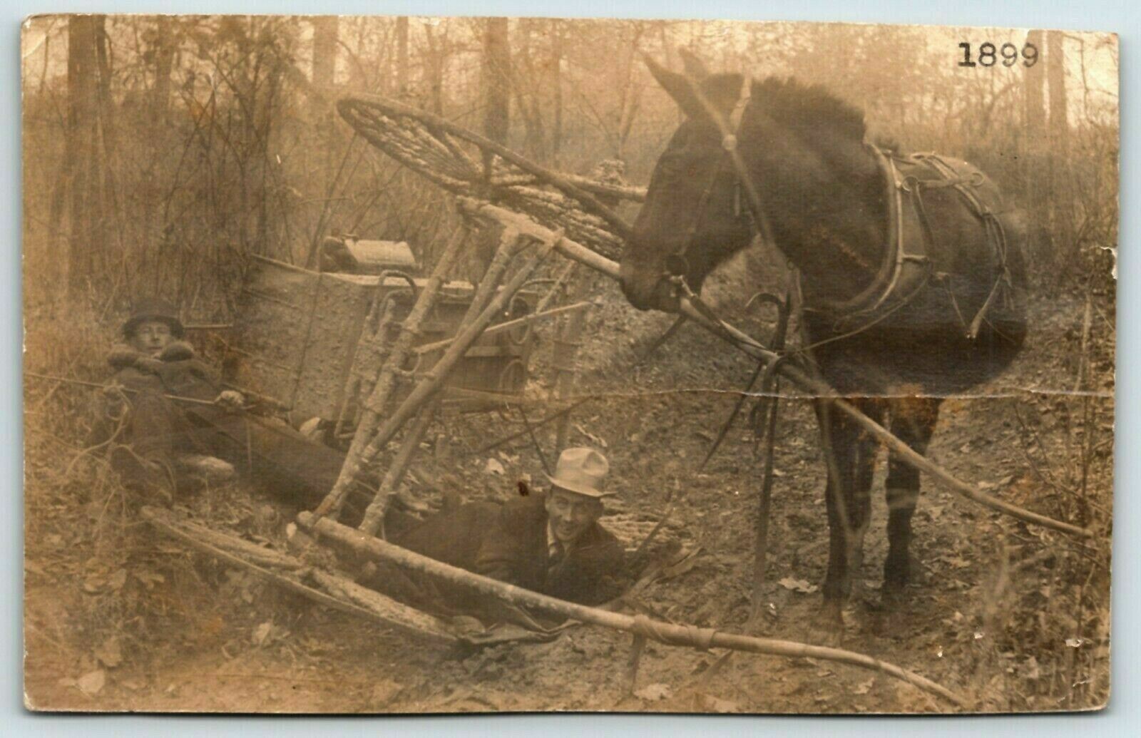 1899 RPPC Horse and Buggy Wreck Over Turned Buggy Photo A6
